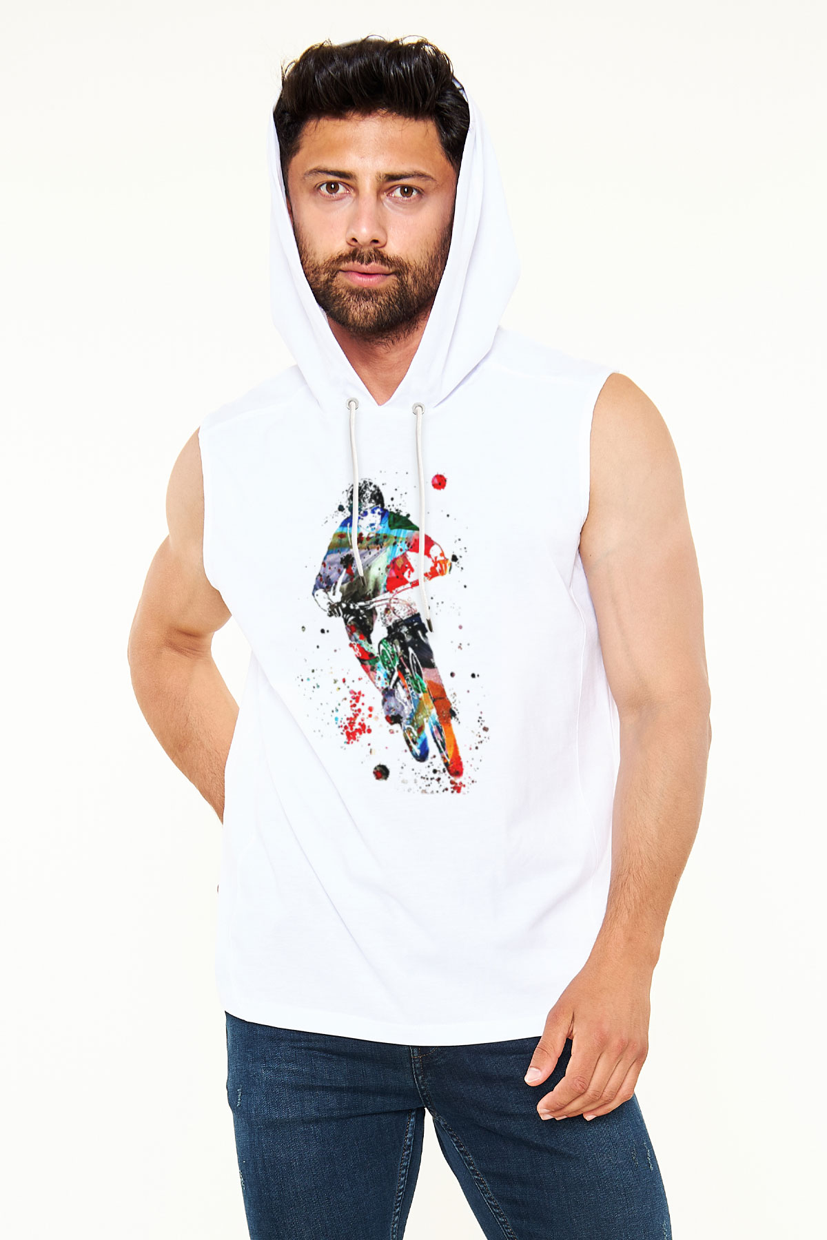 Bisiklet Beyaz Unisex Kapüşonlu Kolsuz Tişört