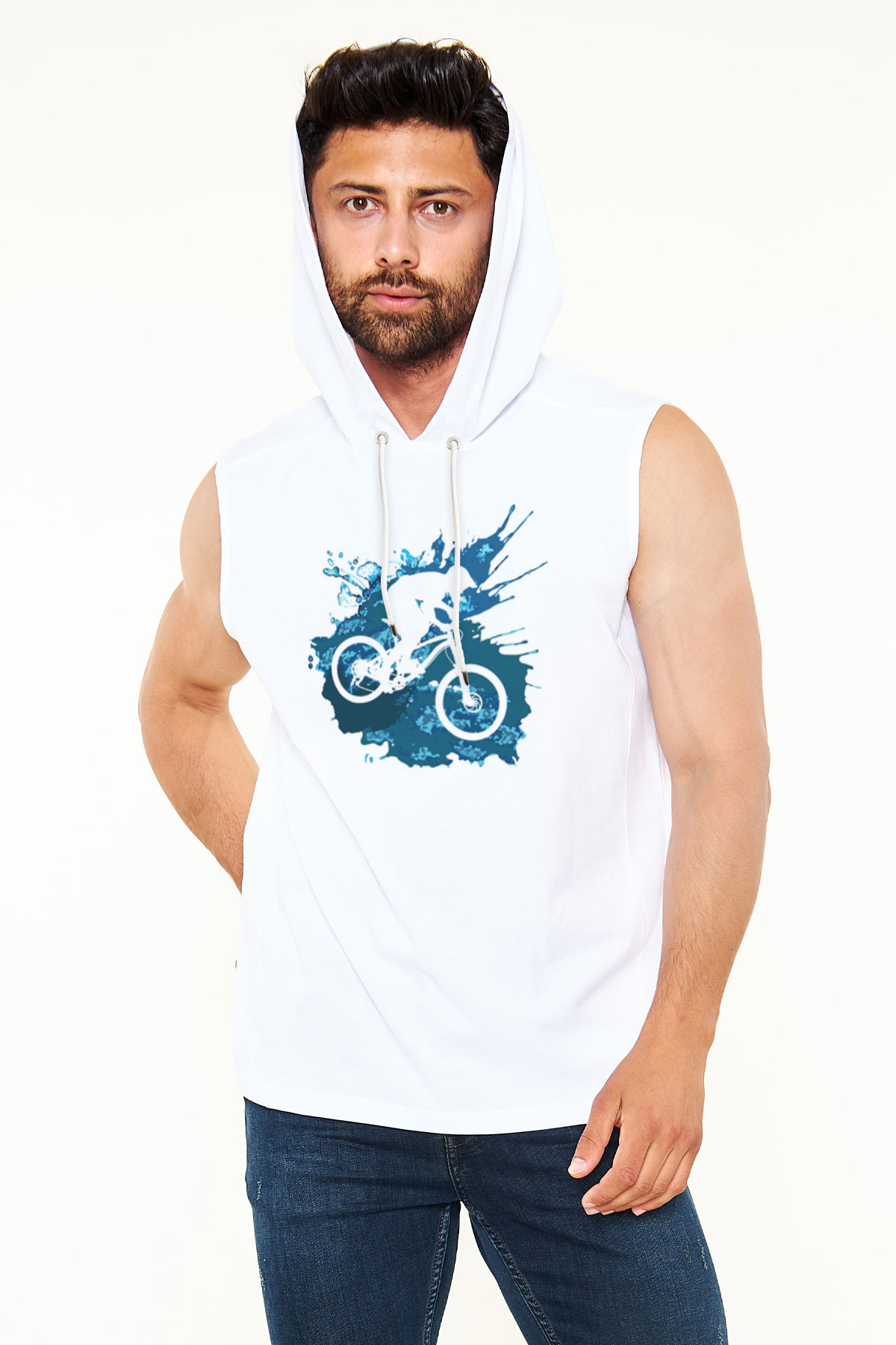 Bisiklet Beyaz Unisex Kapüşonlu Kolsuz Tişört