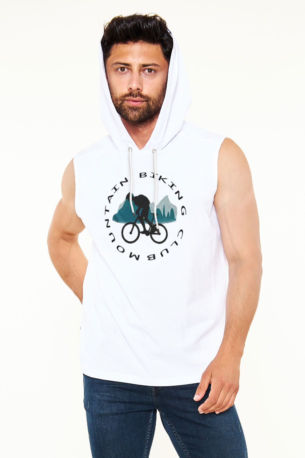 Bisiklet Beyaz Unisex Kapüşonlu Kolsuz Tişört