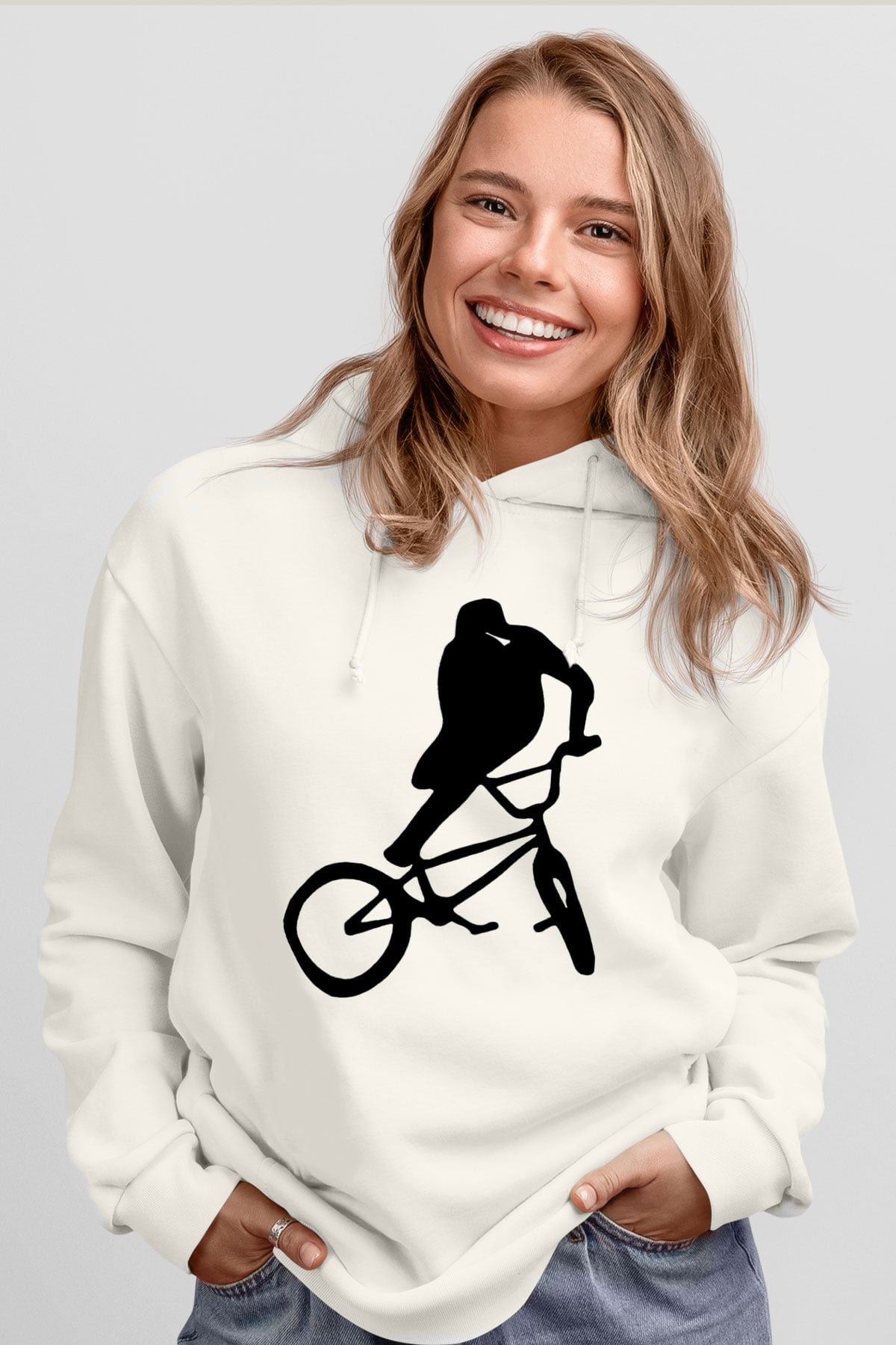 Bisiklet Beyaz Unisex Kapüşonlu Sweatshirt