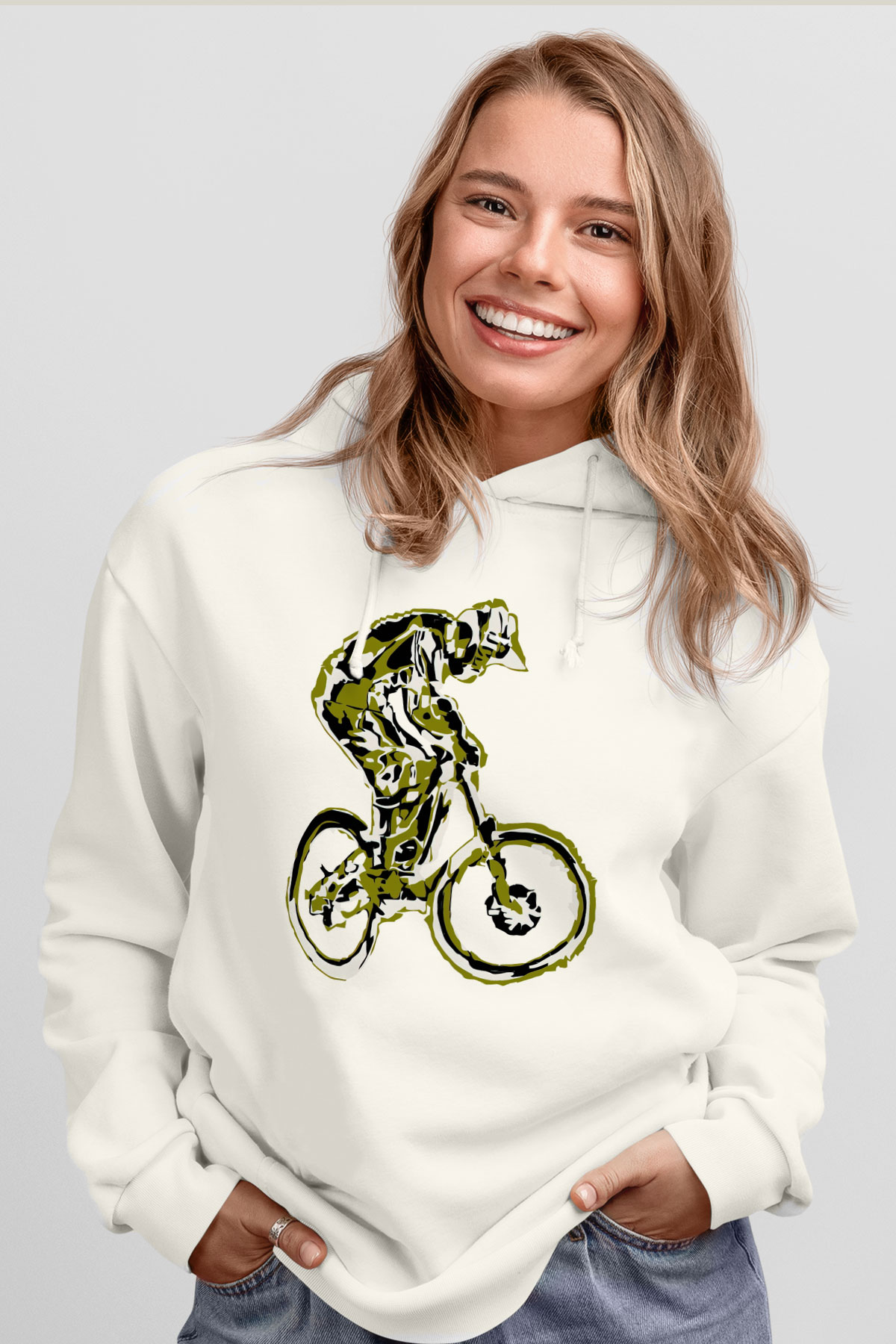 Bisiklet Beyaz Unisex Kapüşonlu Sweatshirt