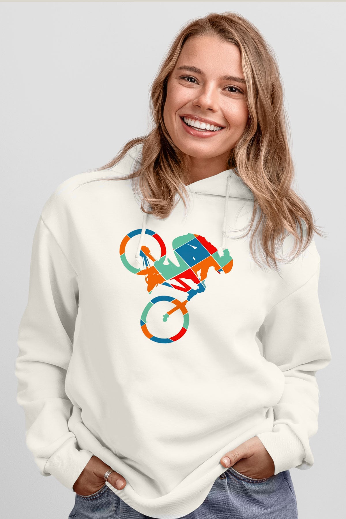 Bisiklet Beyaz Unisex Kapüşonlu Sweatshirt