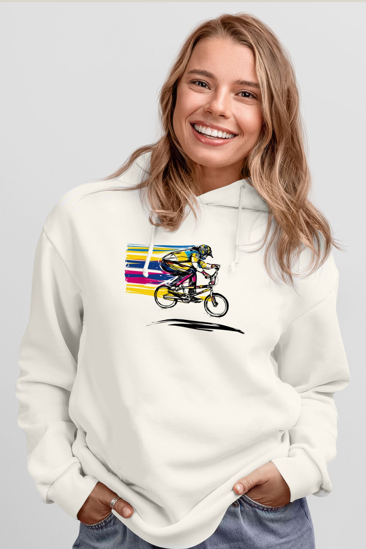 Bisiklet Beyaz Unisex Kapüşonlu Sweatshirt