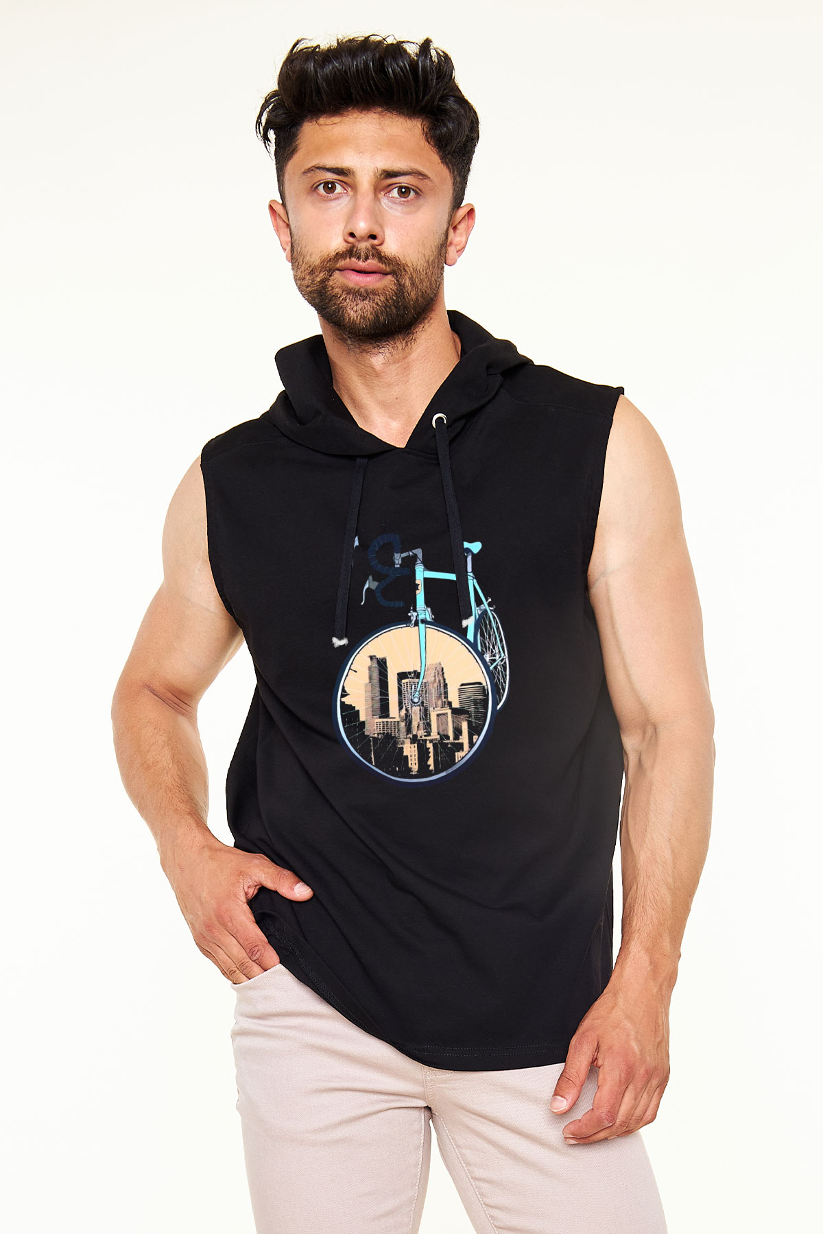 Bisiklet Siyah Unisex Kapüşonlu Kolsuz Tişört