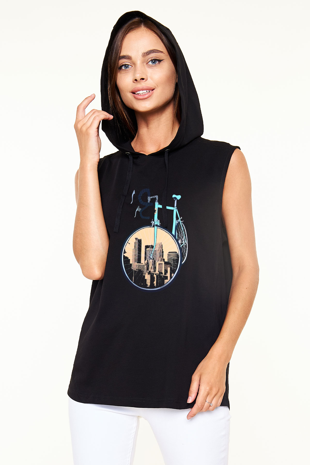 Bisiklet Siyah Unisex Kapüşonlu Kolsuz Tişört