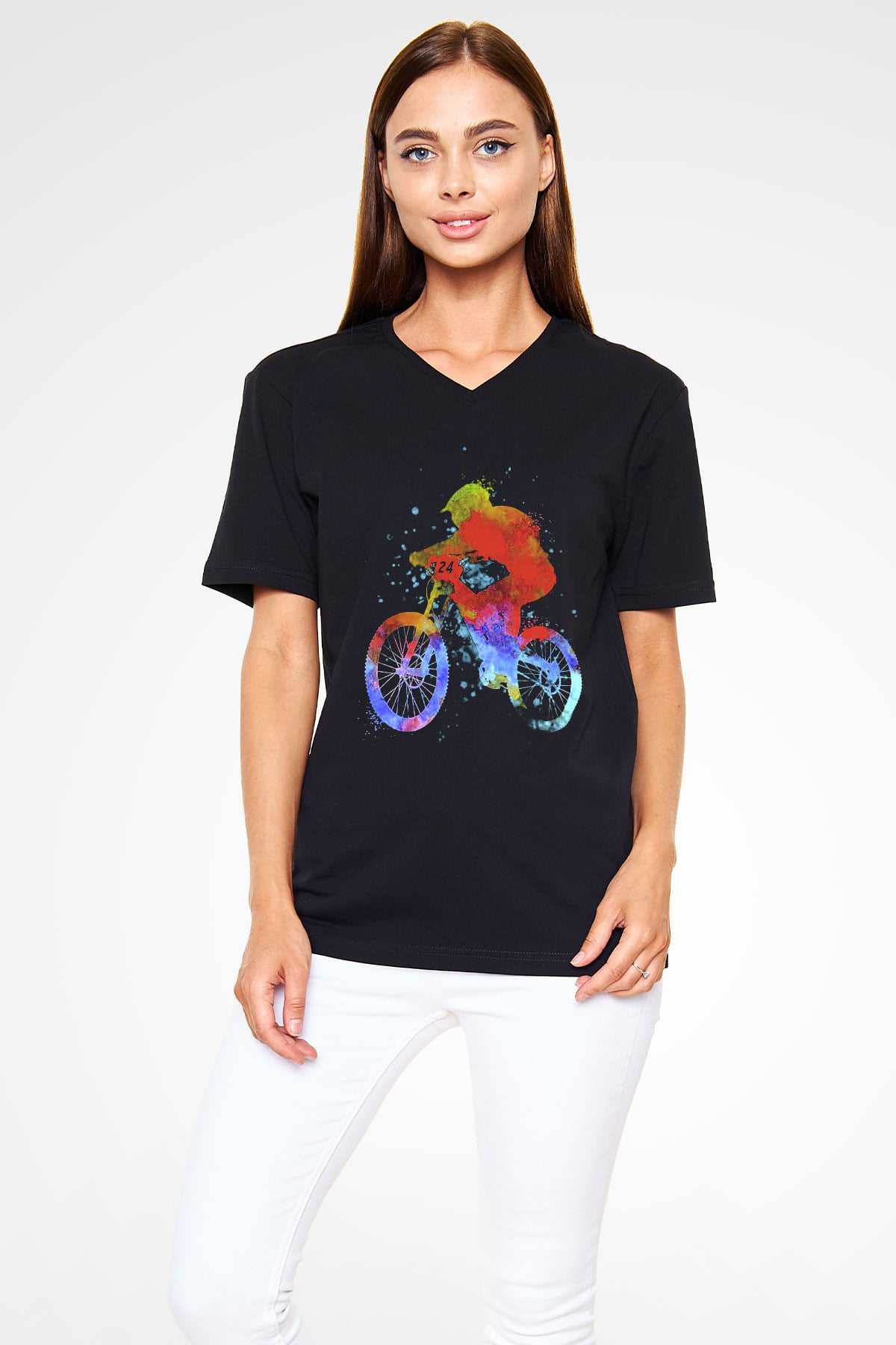 Bisiklet Siyah Unisex V Yaka Tişört T-Shirt