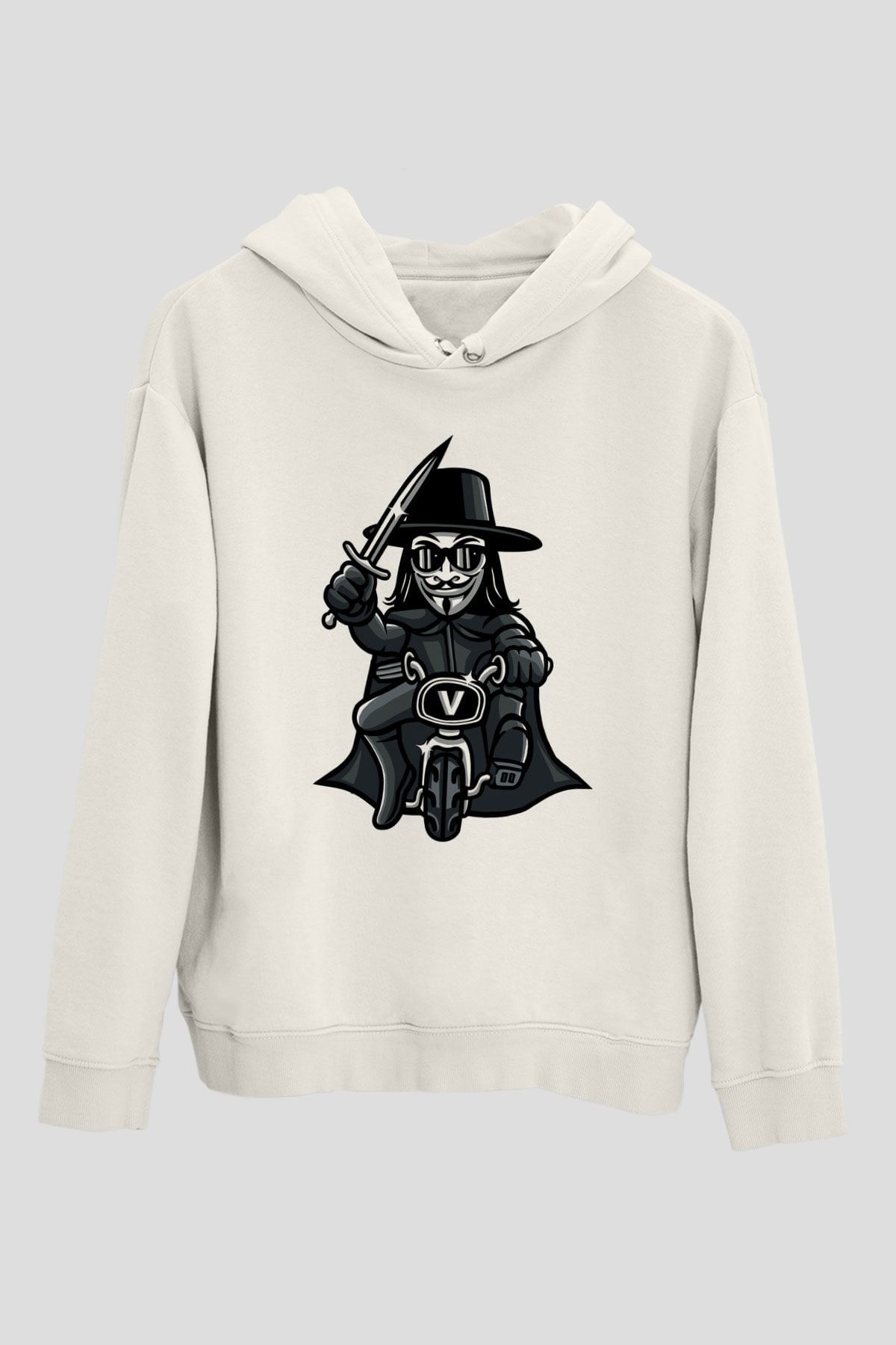 Bisikletçi Vendetta Baskılı Unisex Beyaz Hoodie