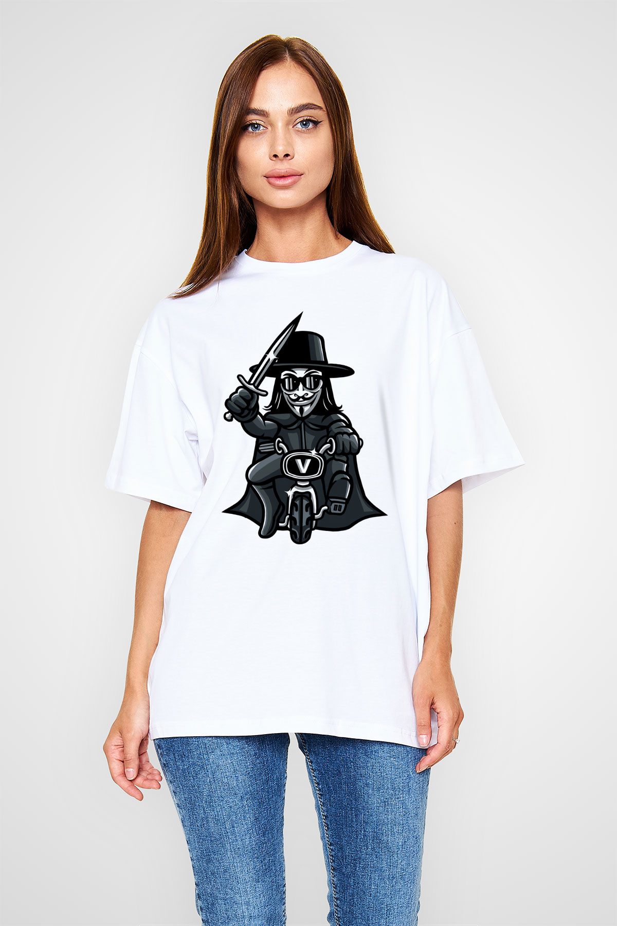 Bisikletçi Vendetta Baskılı Unisex Beyaz Oversize Tişört