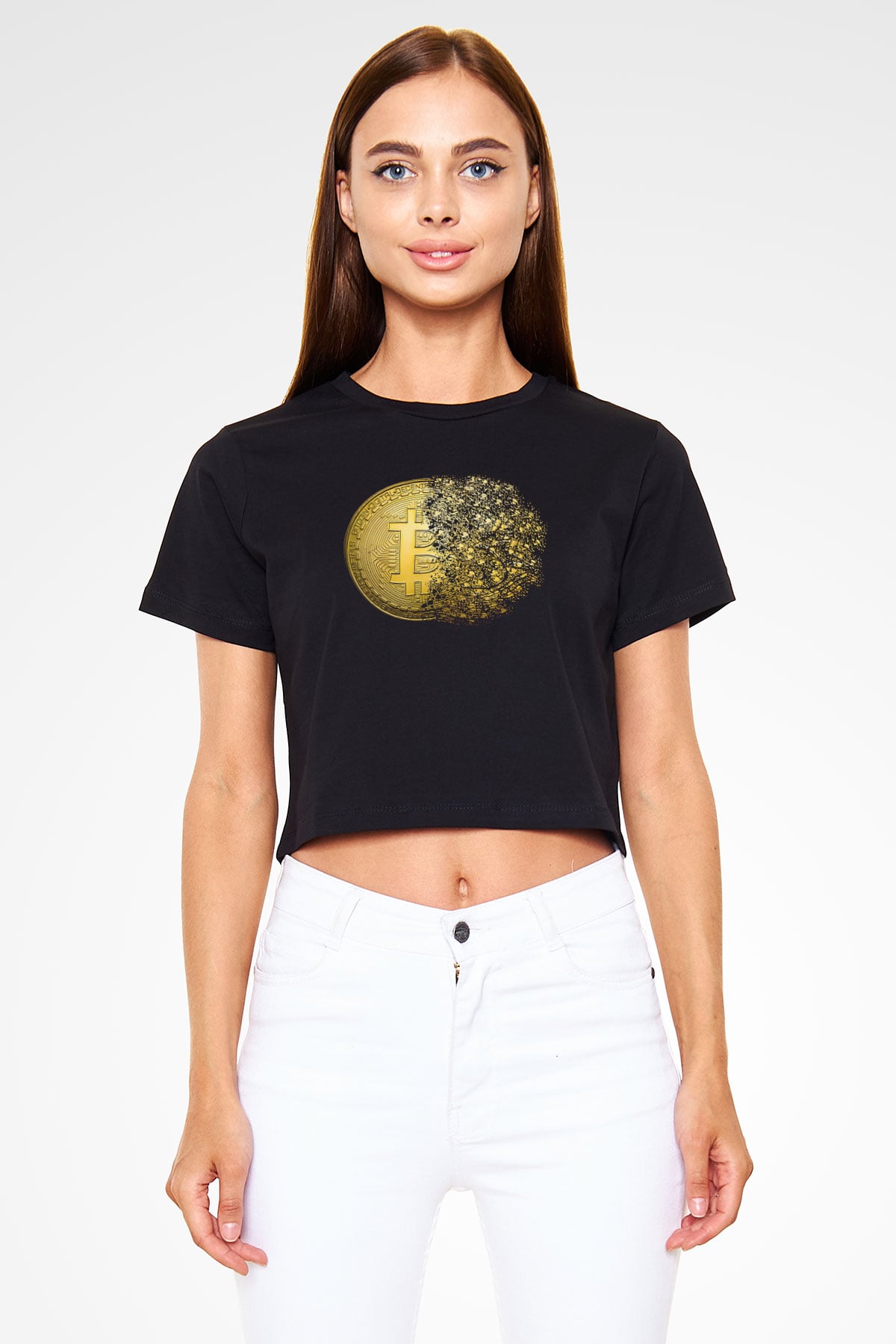 Bitcoin Baskılı Siyah Crop Top Kadın Tişört - Tshirt