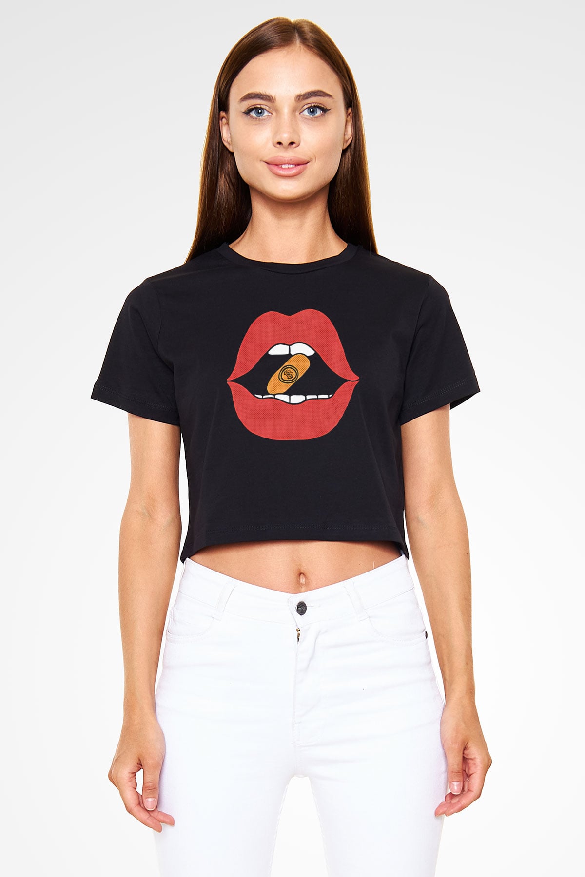 Bitcoin Baskılı Siyah Crop Top Kadın Tişört - Tshirt