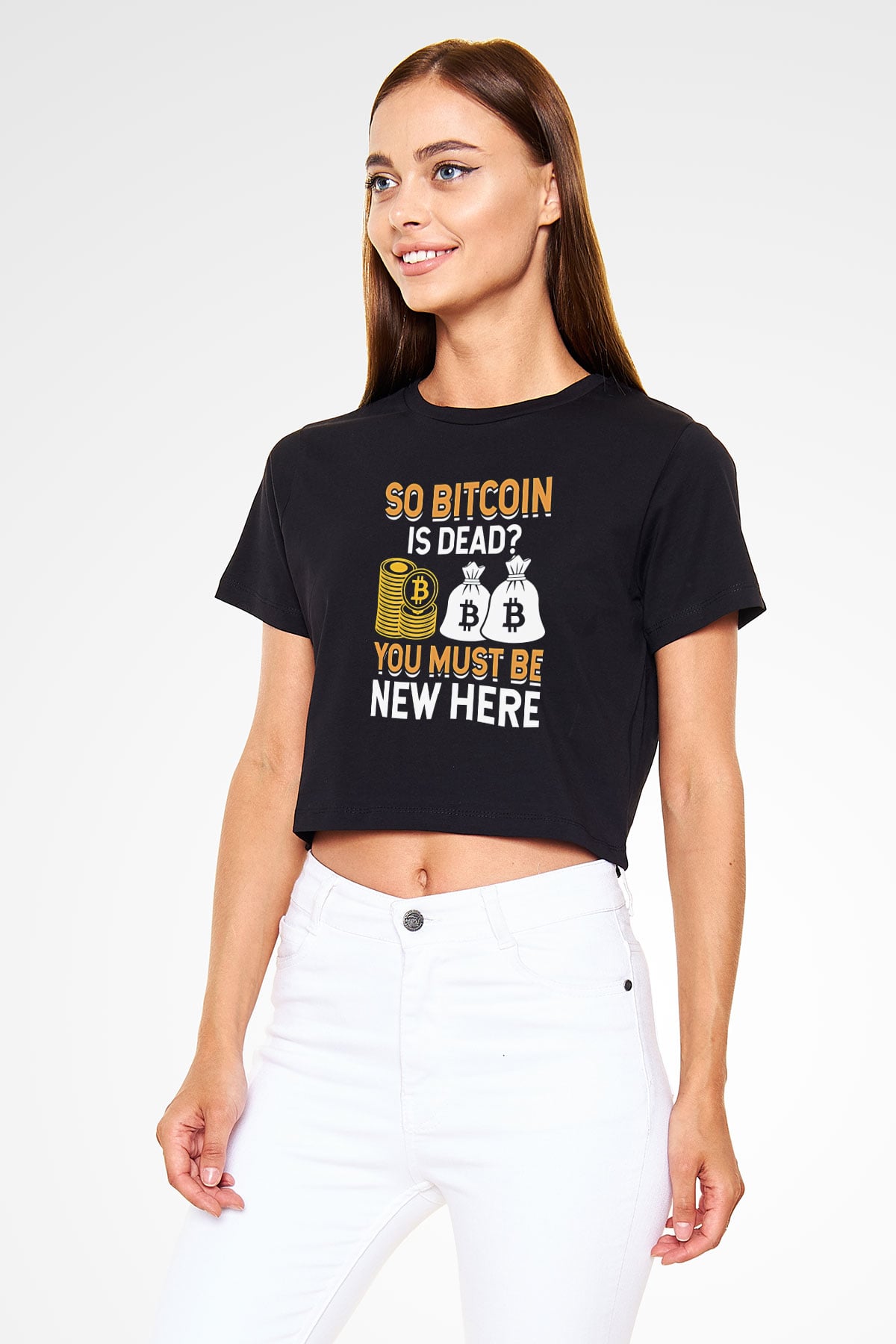 Bitcoin Baskılı Siyah Crop Top Kadın Tişört - Tshirt