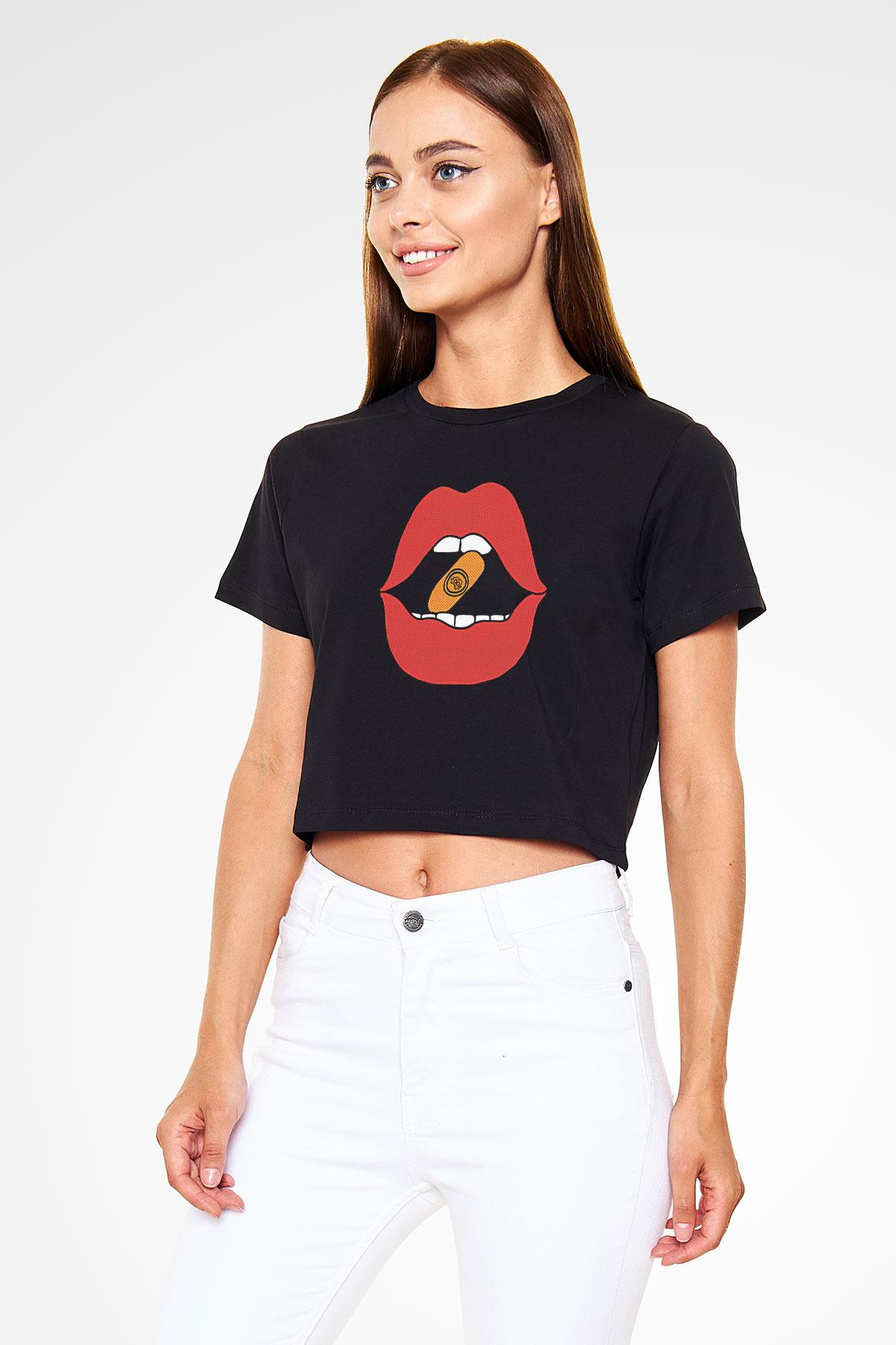 Bitcoin Baskılı Siyah Crop Top Kadın Tişört - Tshirt