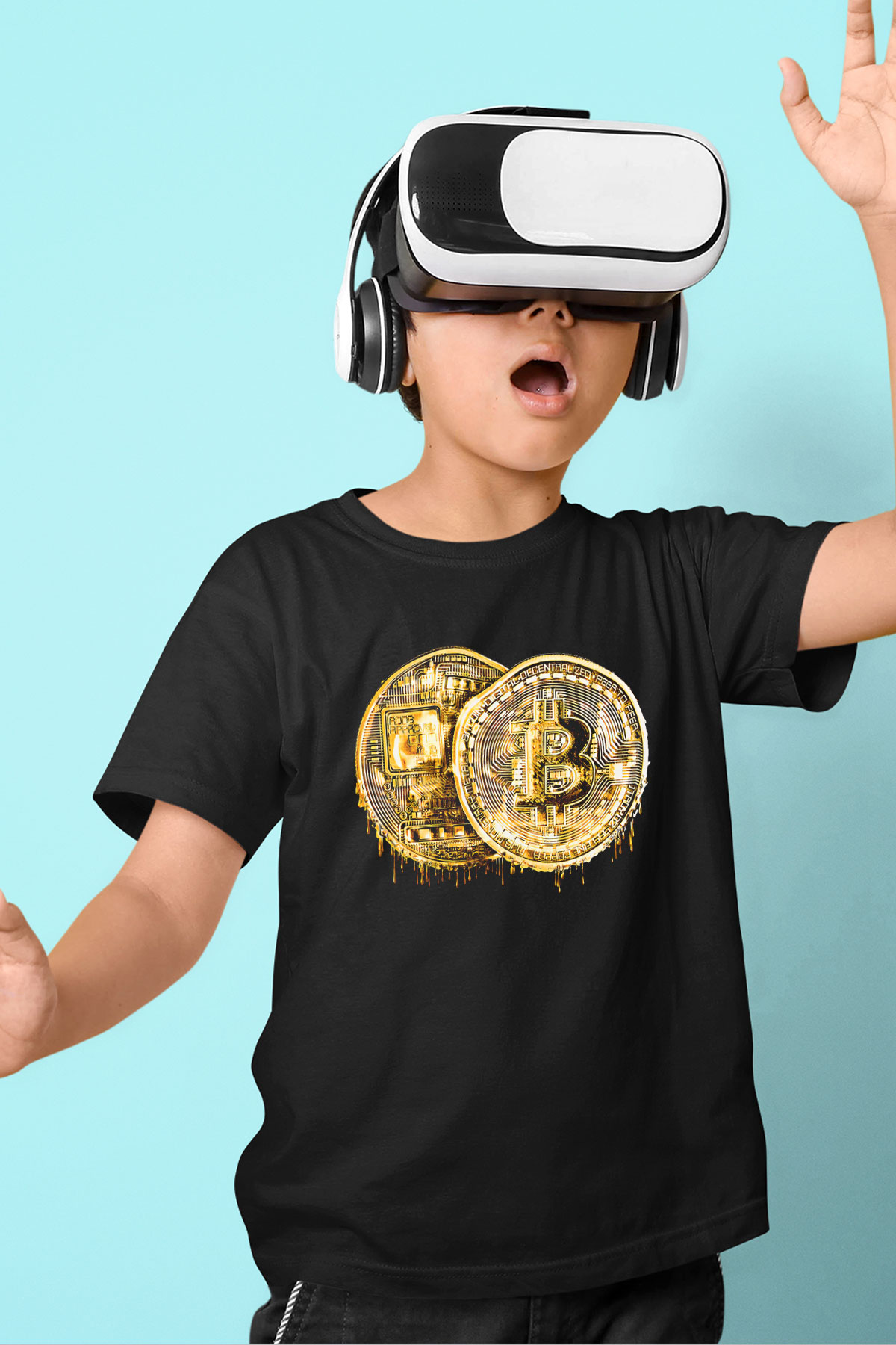 Bitcoin Baskılı Unisex Siyah Çocuk Tişört - Tshirt