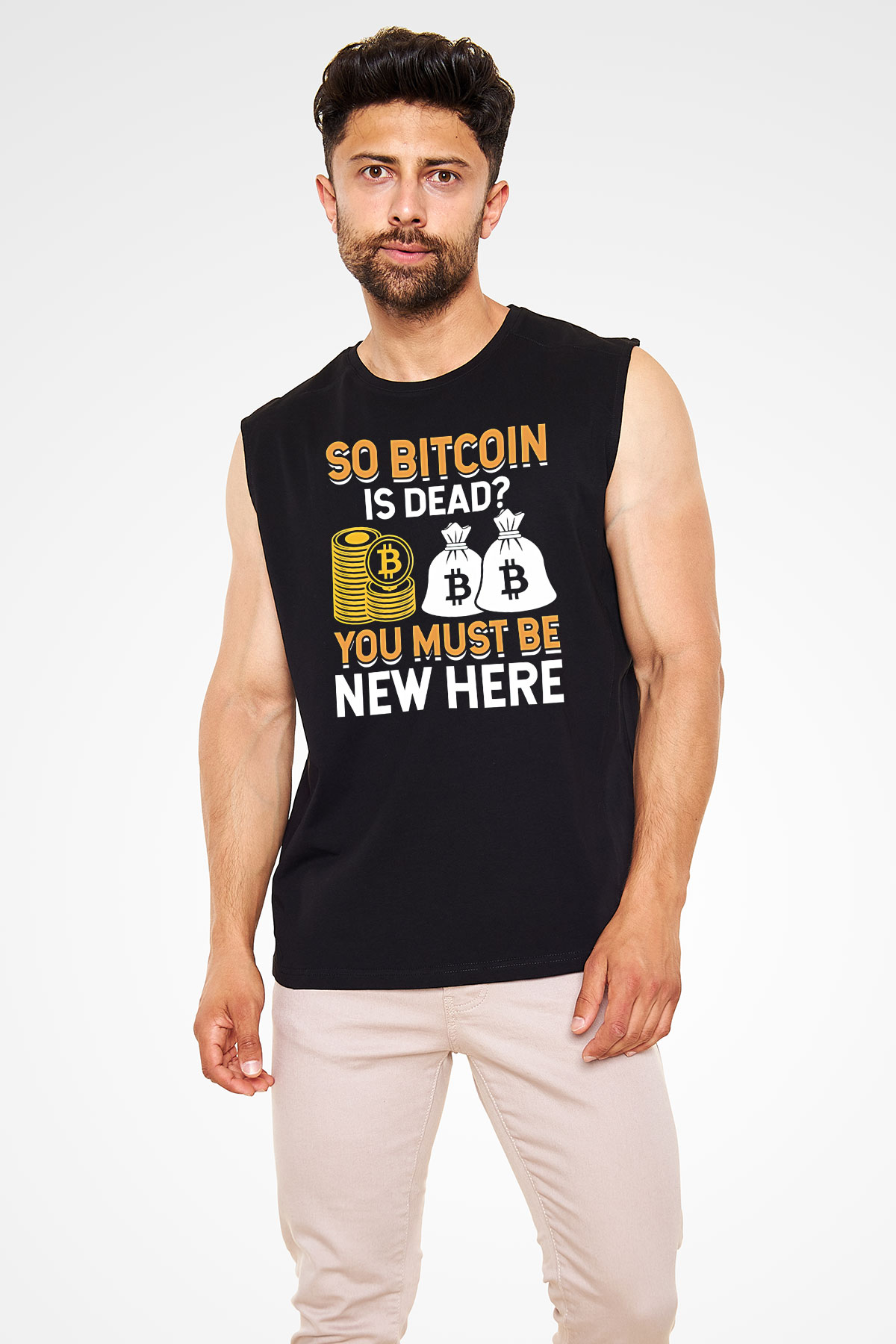 Bitcoin Baskılı Unisex Siyah Kolsuz Tişört - Tshirt
