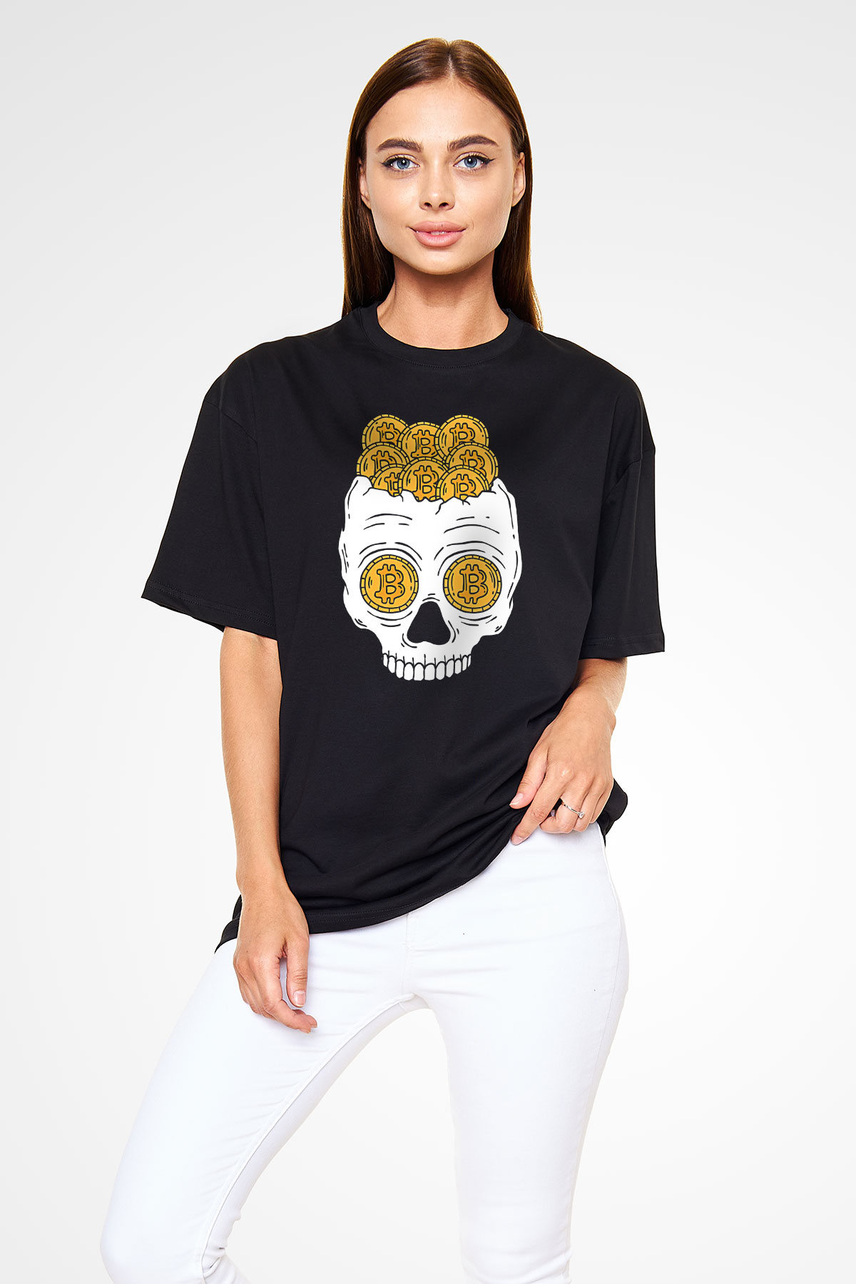 Bitcoin Baskılı Unisex Siyah Oversize Tişört - Tshirt