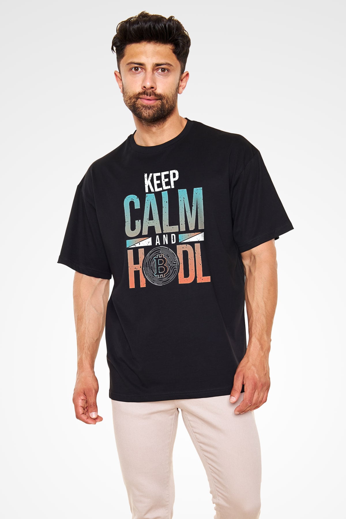 Bitcoin Baskılı Unisex Siyah Oversize Tişört - Tshirt