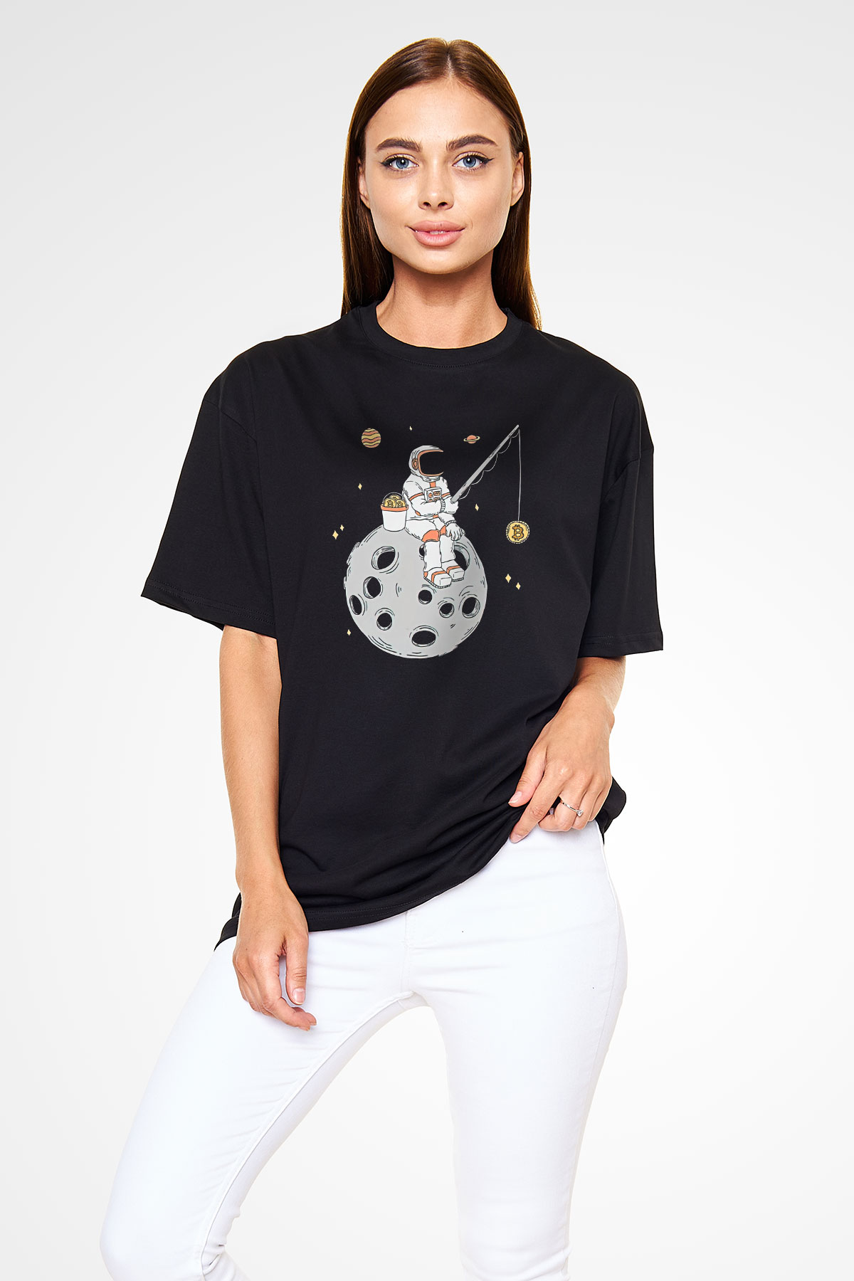 Bitcoin Baskılı Unisex Siyah Oversize Tişört - Tshirt