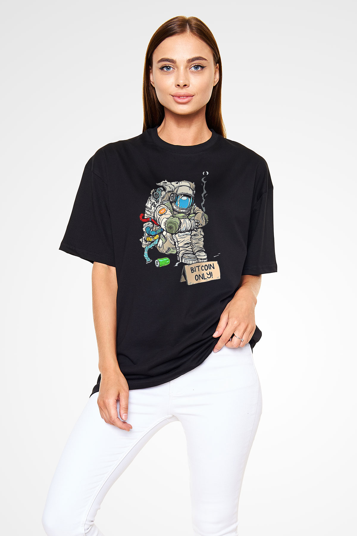 Bitcoin Baskılı Unisex Siyah Oversize Tişört - Tshirt