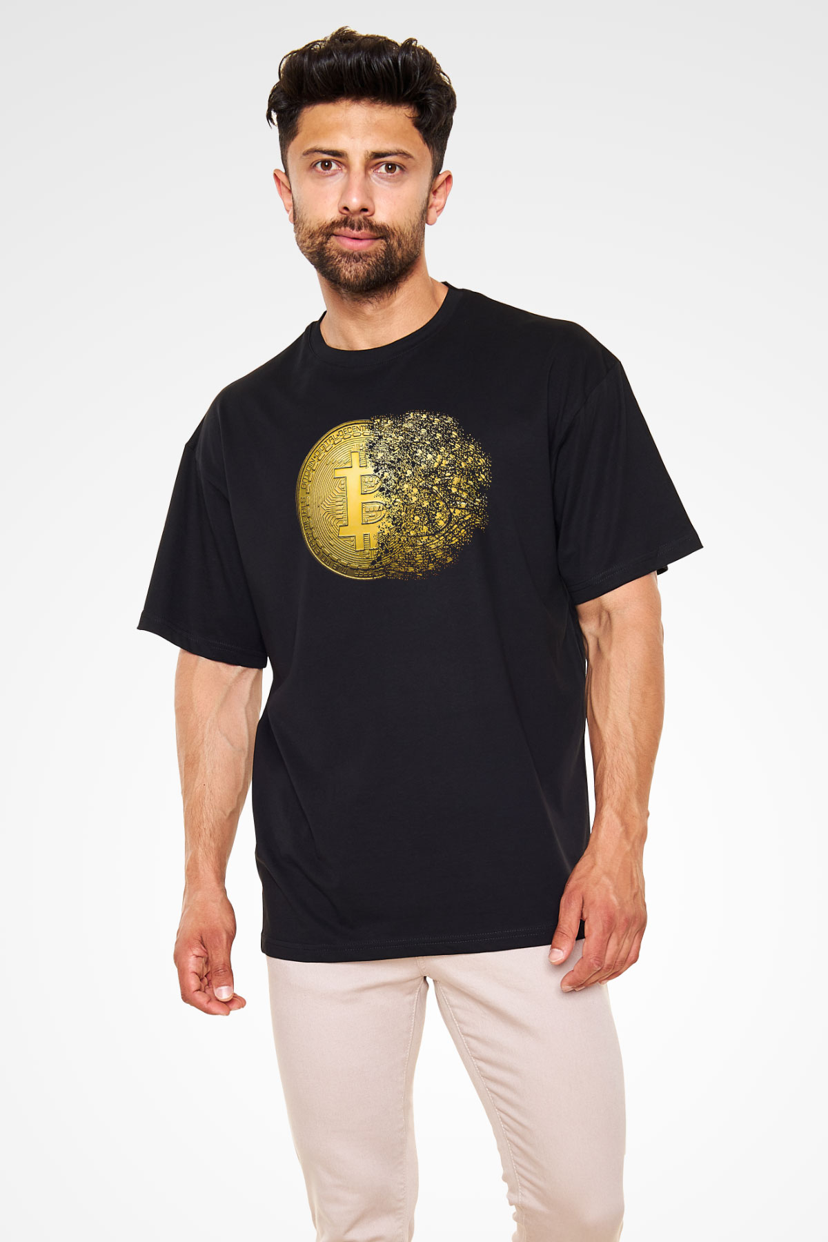 Bitcoin Baskılı Unisex Siyah Oversize Tişört - Tshirt