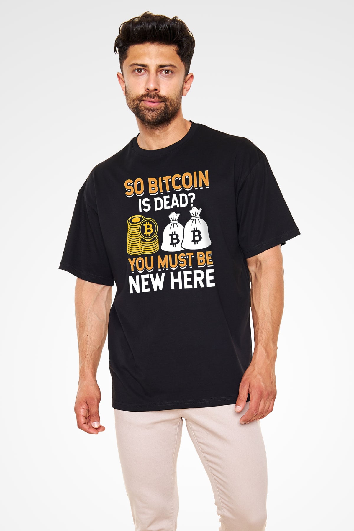 Bitcoin Baskılı Unisex Siyah Oversize Tişört - Tshirt