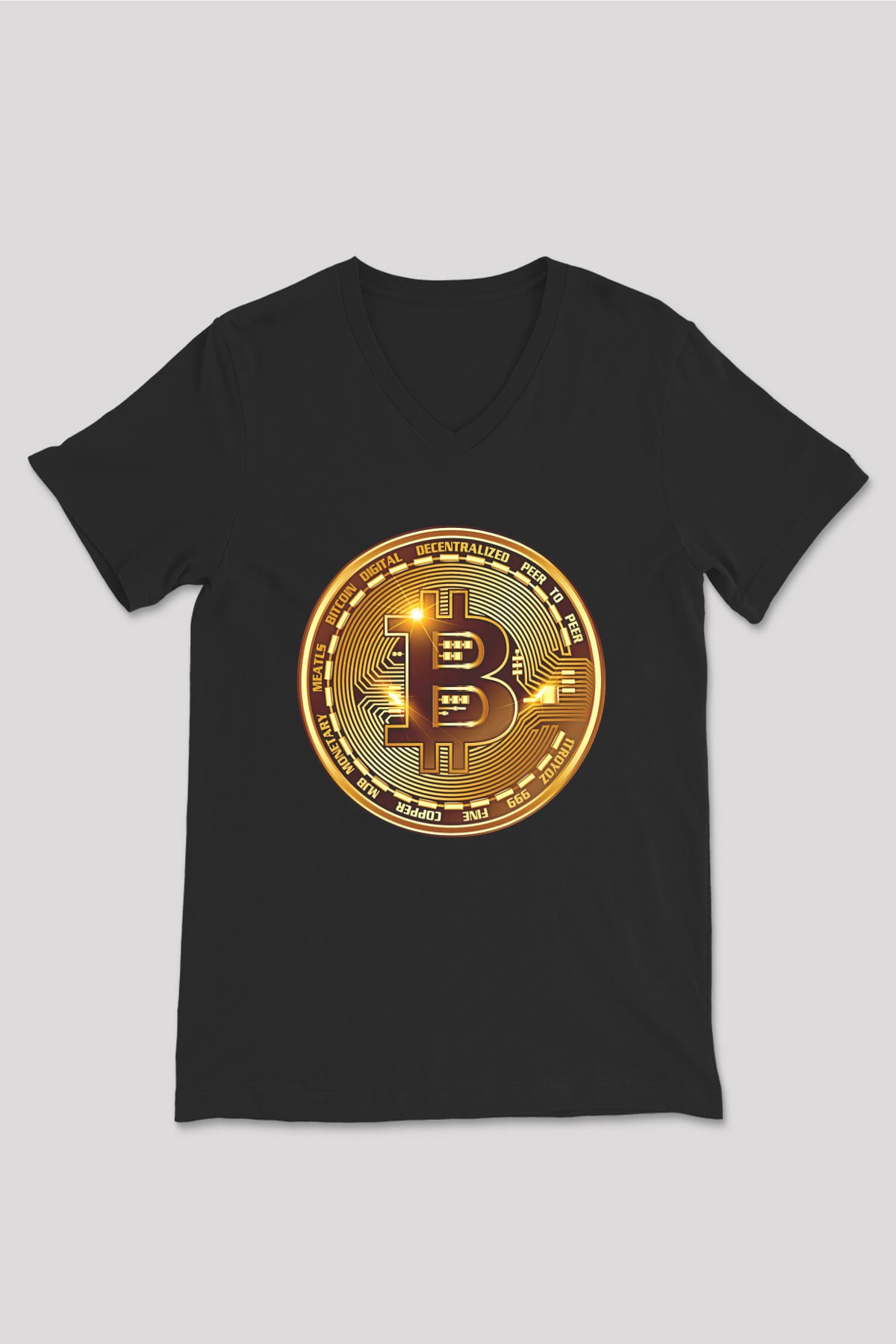 Bitcoin Baskılı Unisex Siyah V Yaka Tişört - Tshirt