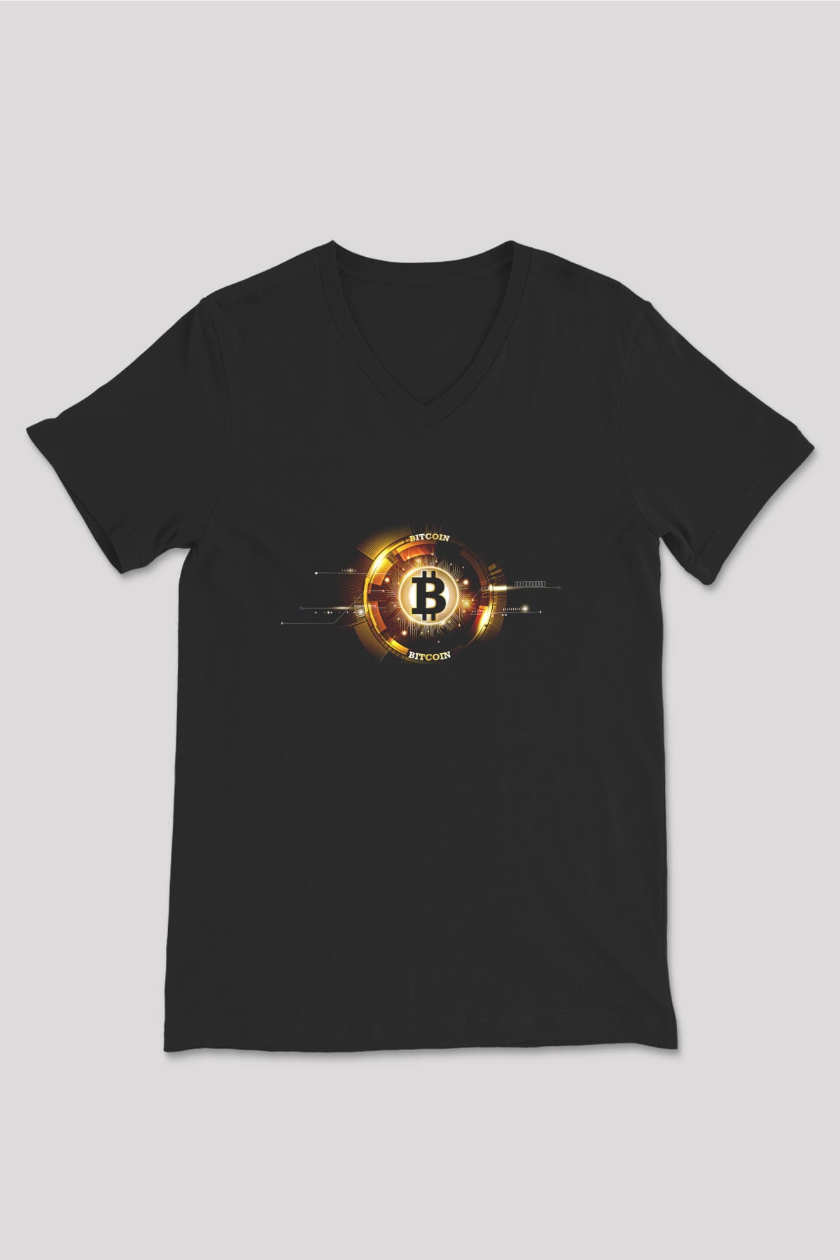 Bitcoin Baskılı Unisex Siyah V Yaka Tişört - Tshirt