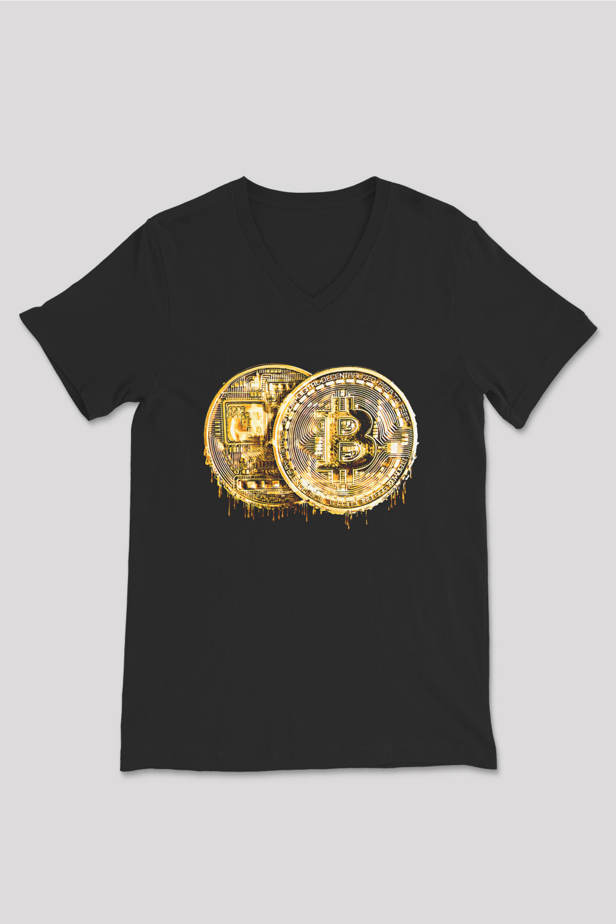 Bitcoin Baskılı Unisex Siyah V Yaka Tişört - Tshirt