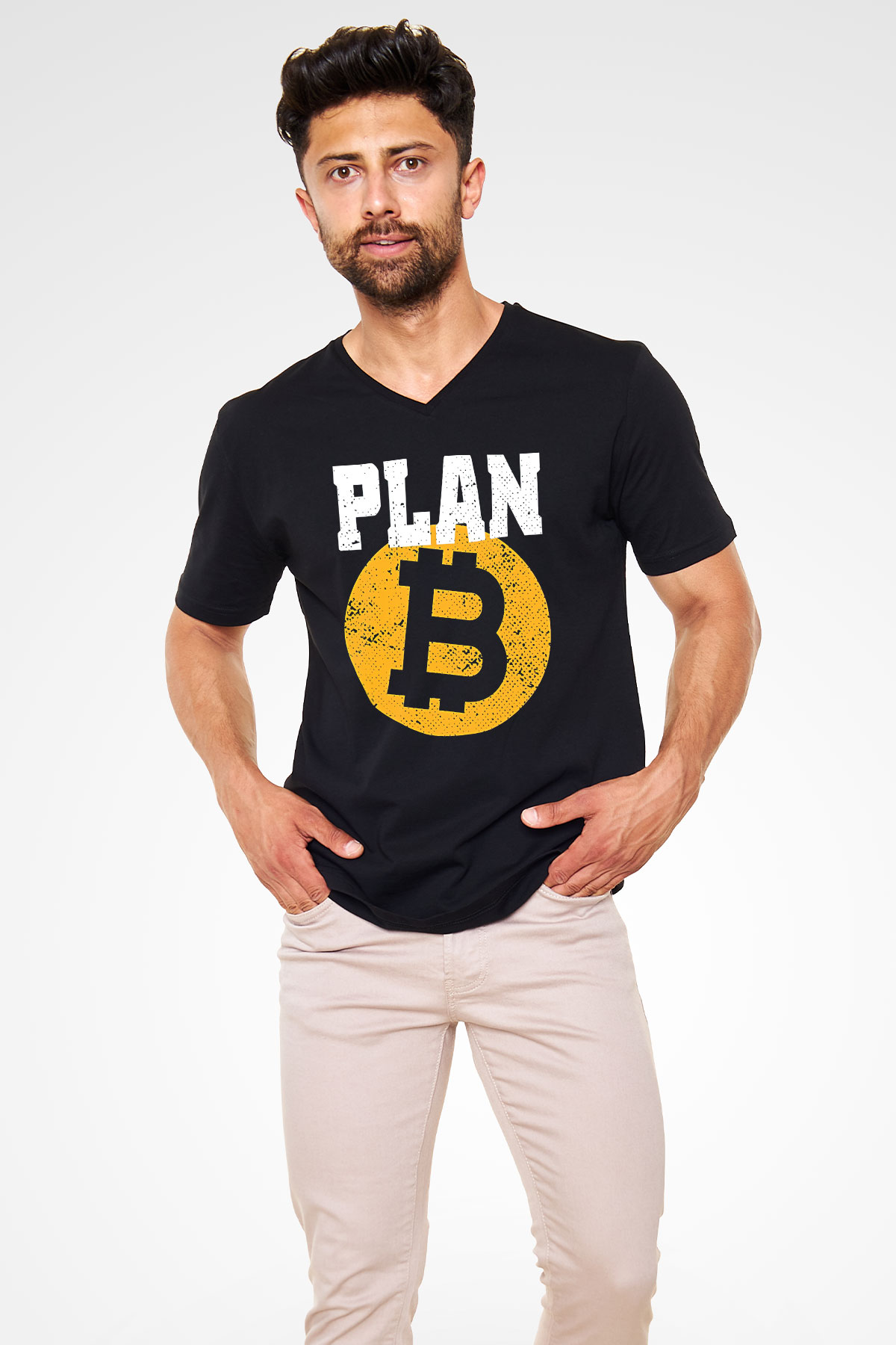 Bitcoin Baskılı Unisex Siyah V Yaka Tişört - Tshirt