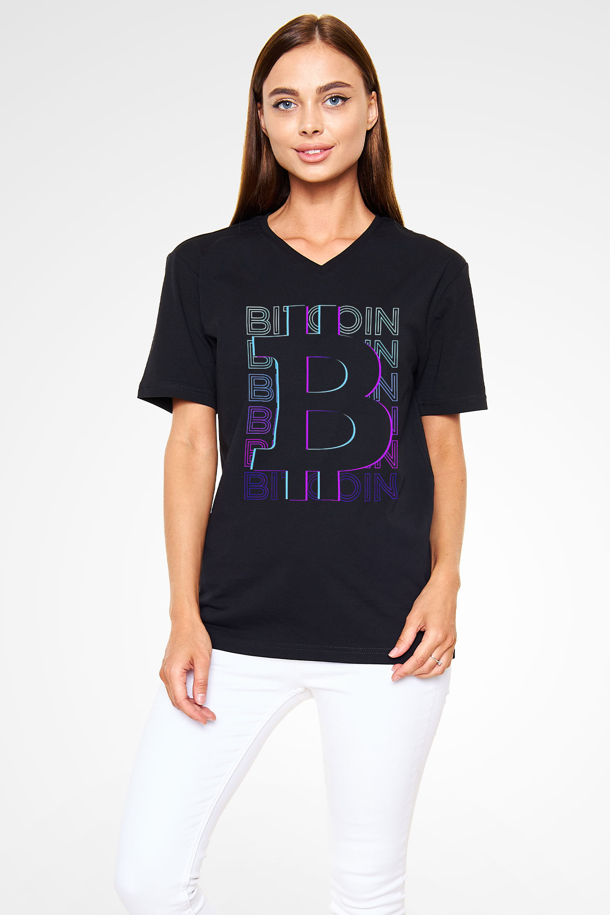 Bitcoin Baskılı Unisex Siyah V Yaka Tişört - Tshirt