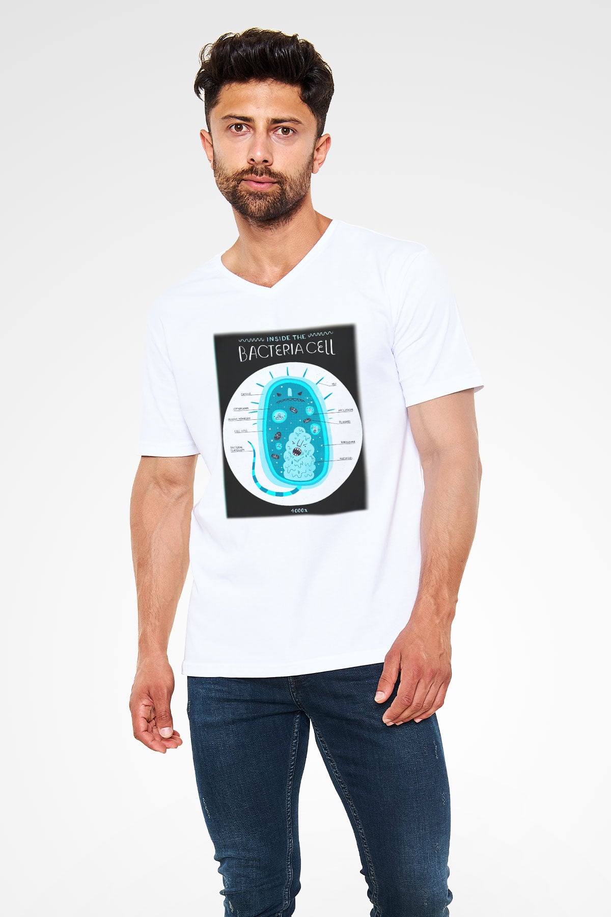 Biyolog Beyaz Unisex V Yaka Tişört T-Shirt