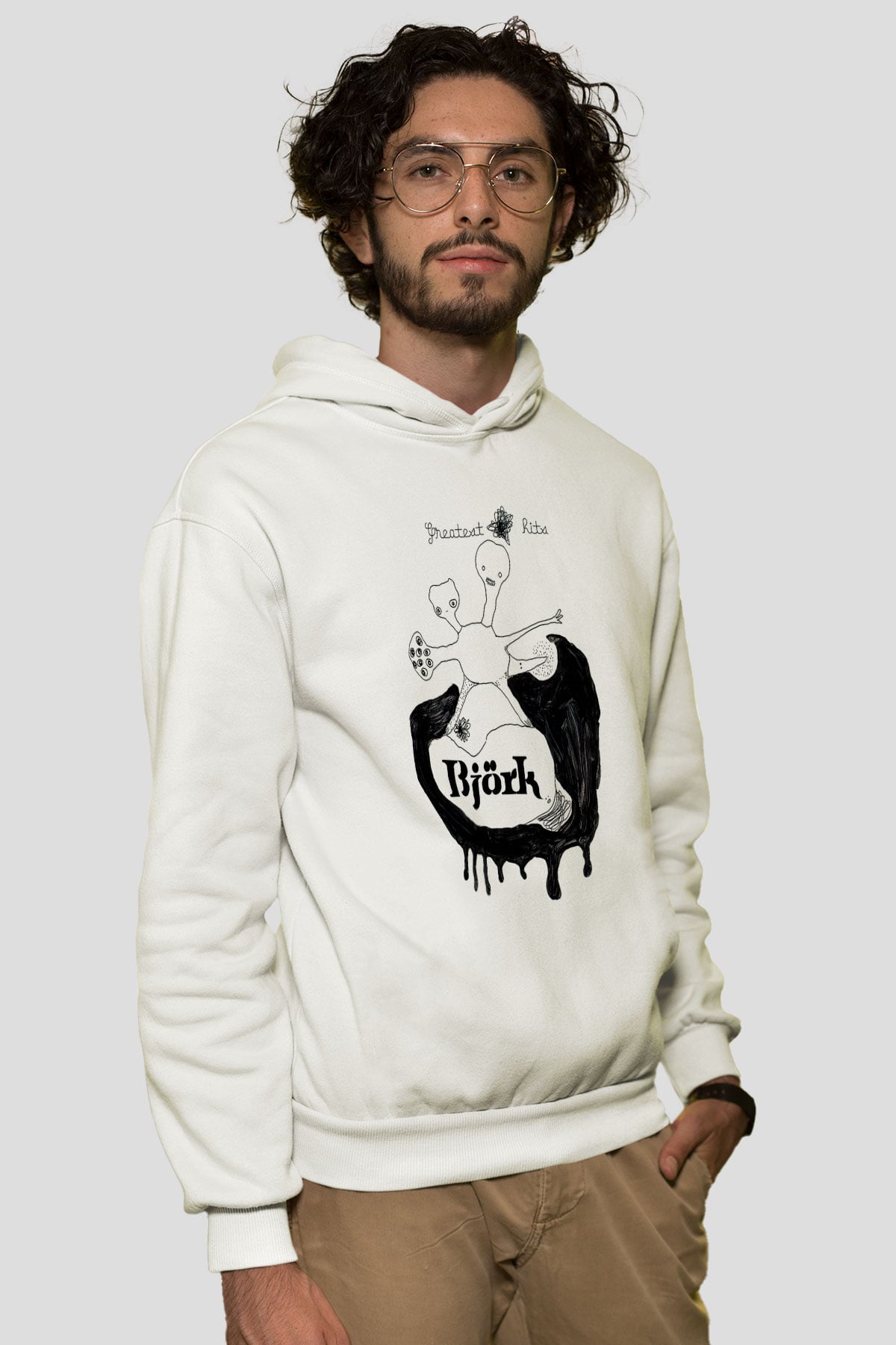 Björk Baskılı Beyaz Unisex Hoodie