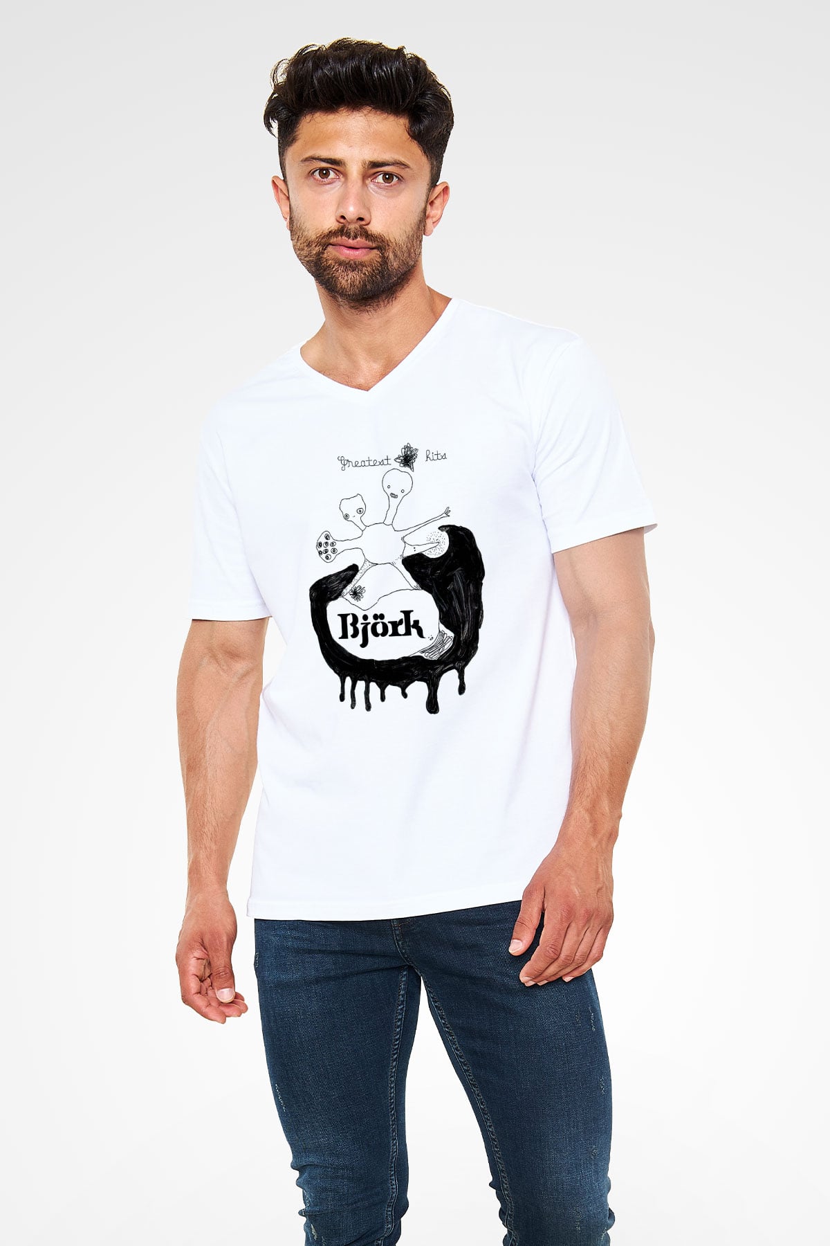 Björk Baskılı Beyaz Unisex V Yaka Tişört - Tshirt