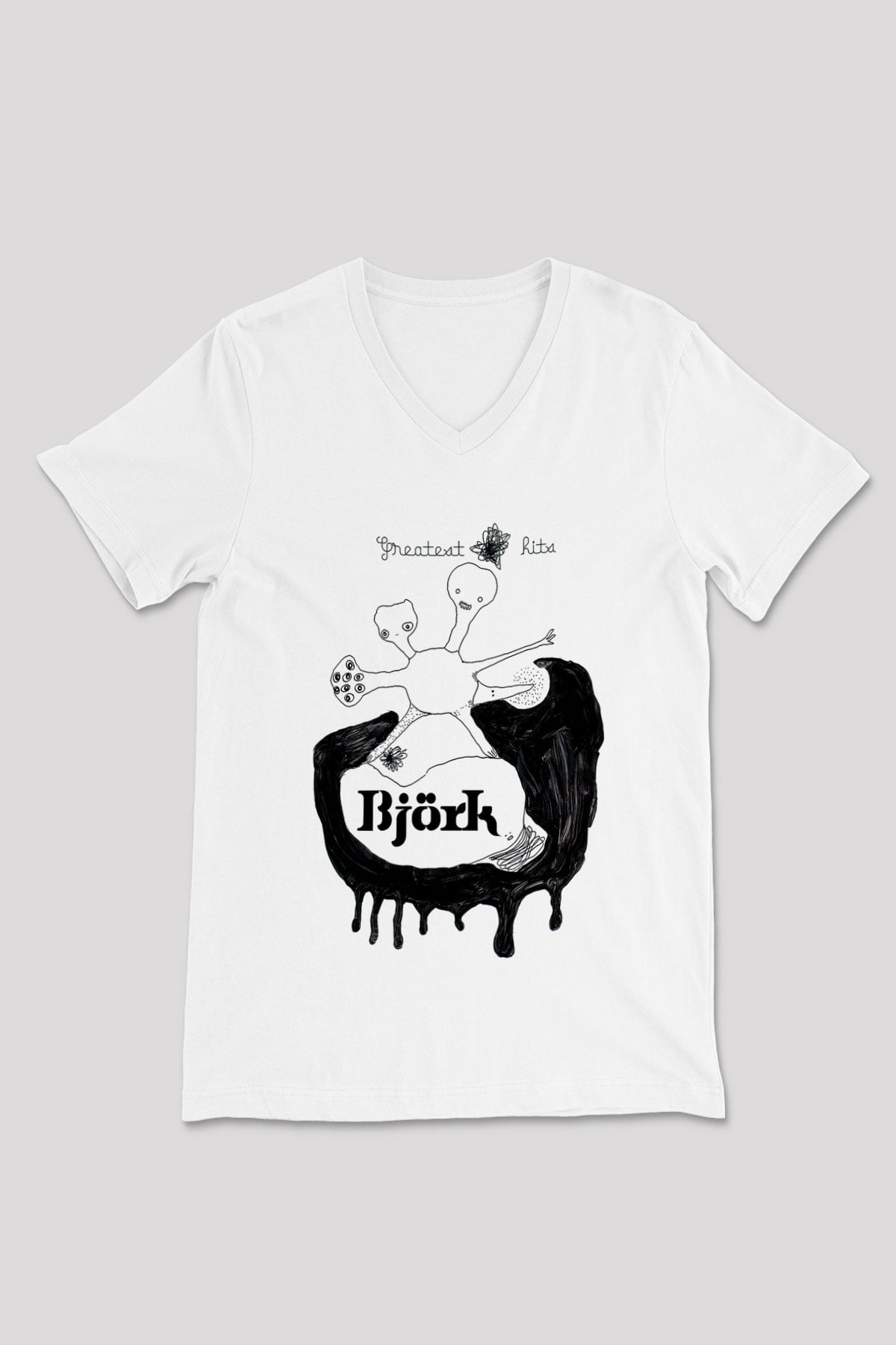 Björk Baskılı Beyaz Unisex V Yaka Tişört - Tshirt