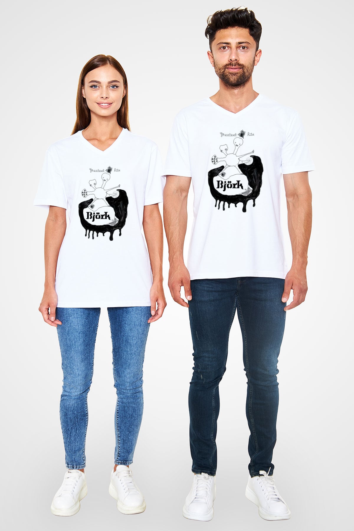 Björk Baskılı Beyaz Unisex V Yaka Tişört - Tshirt