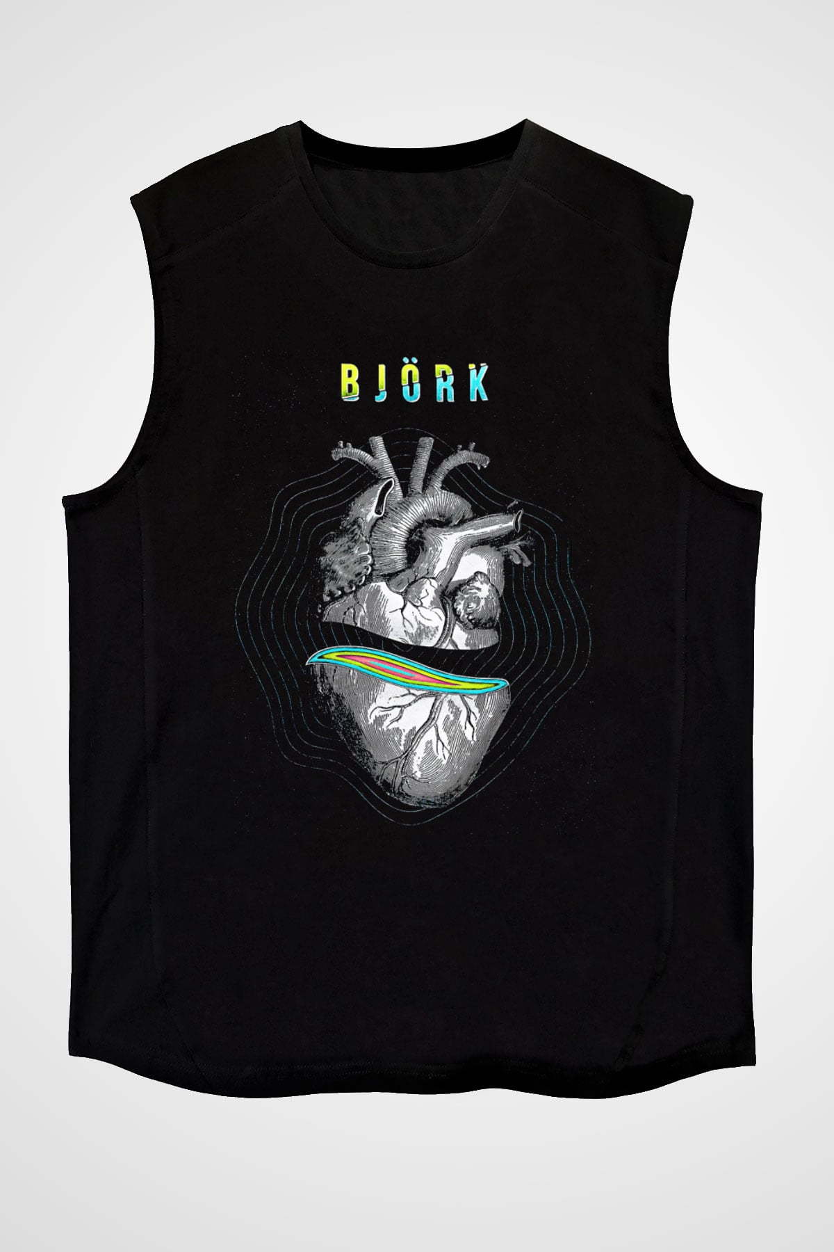 Björk Baskılı Unisex Siyah Kolsuz Tişört - Tshirt