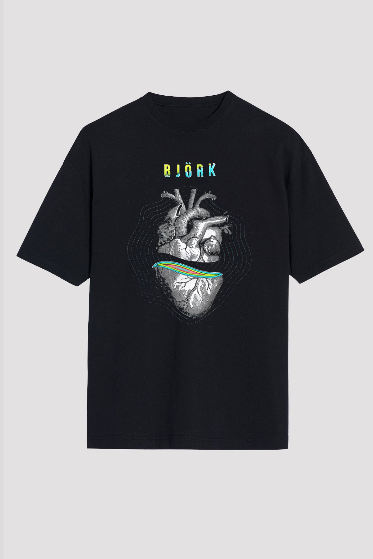 Björk Baskılı Unisex Siyah Oversize Tişört - Tshirt