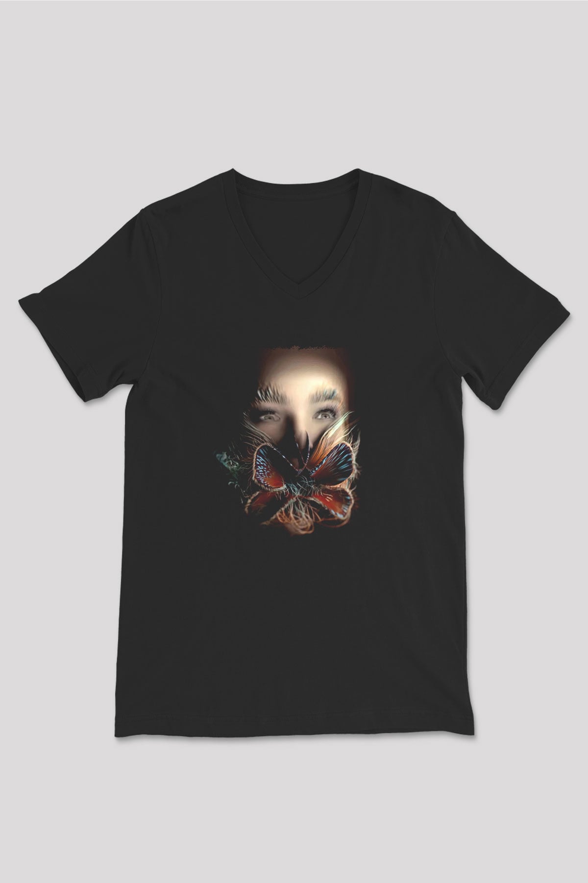 Björk Baskılı Unisex Siyah V Yaka Tişört - Tshirt