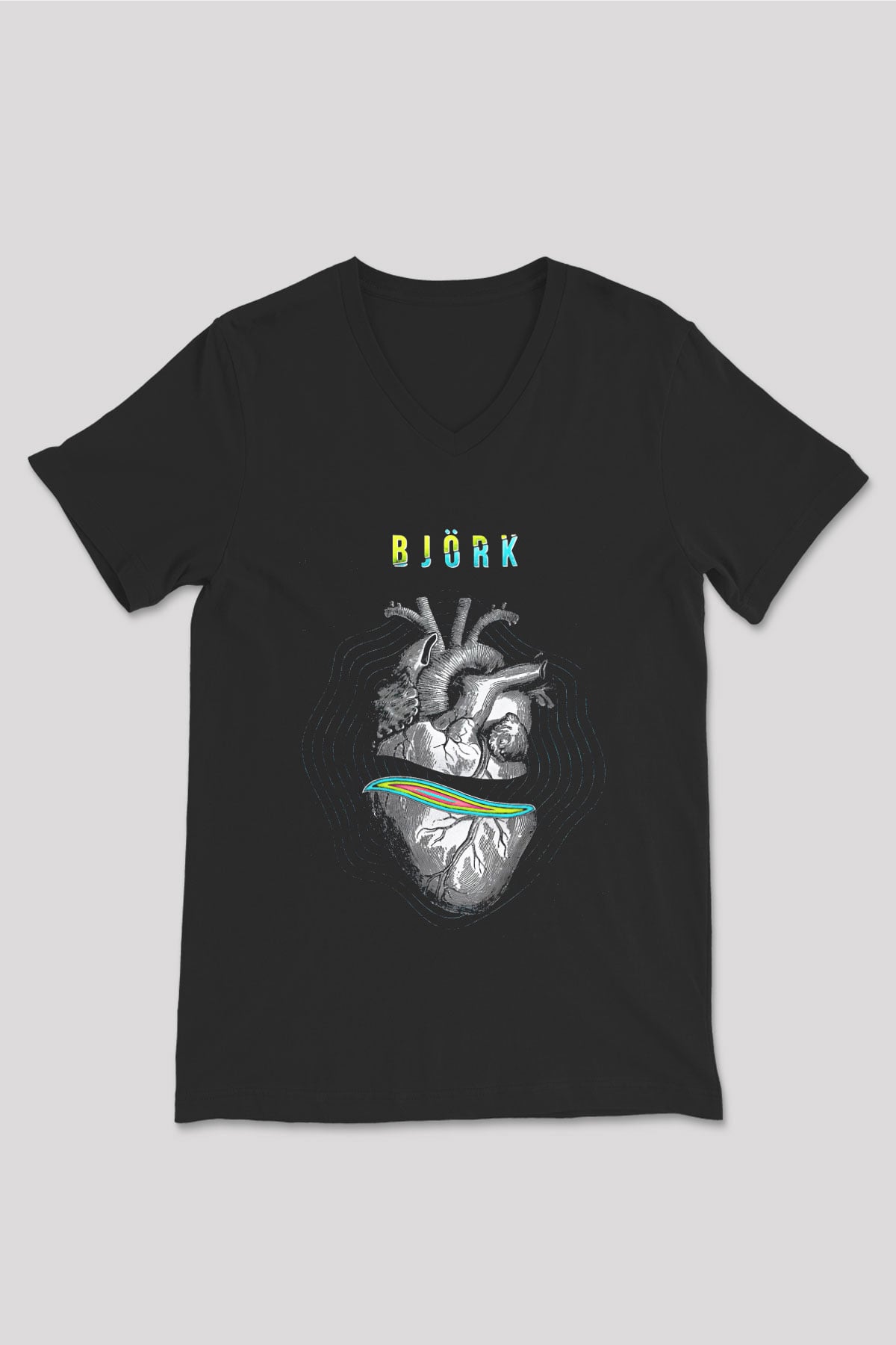 Björk Baskılı Unisex Siyah V Yaka Tişört - Tshirt