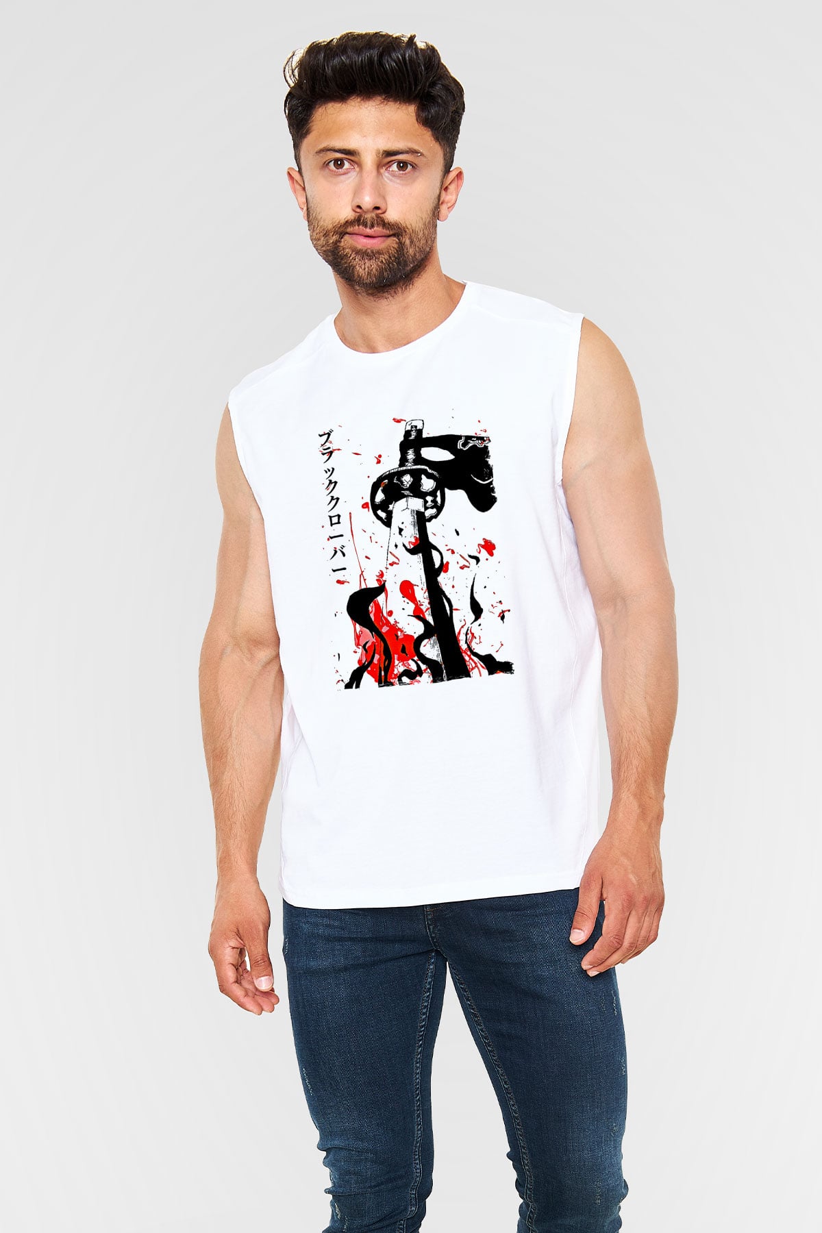 Black Clover Baskılı Beyaz Unisex Kolsuz Tişört - Tshirt