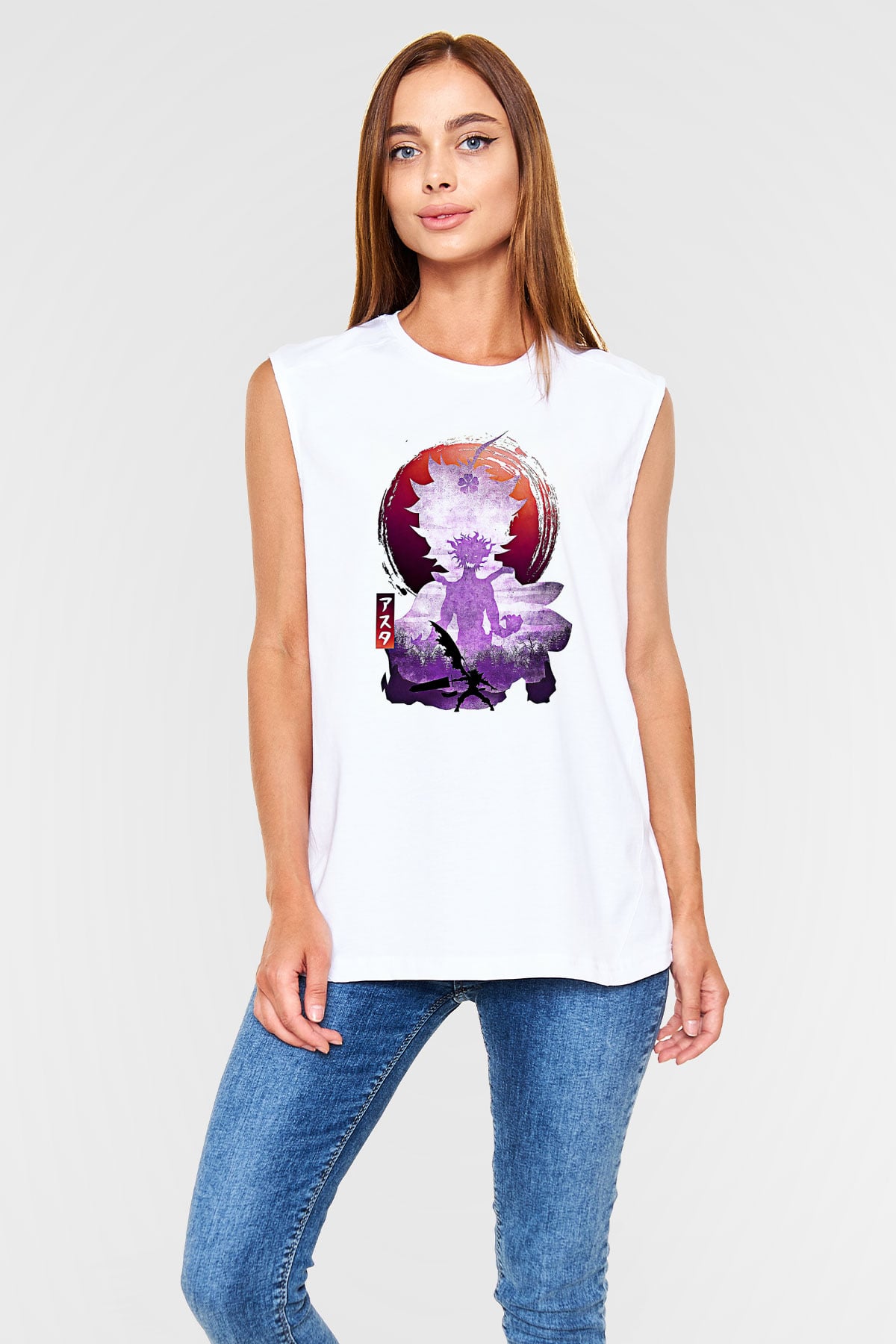 Black Clover Baskılı Beyaz Unisex Kolsuz Tişört - Tshirt