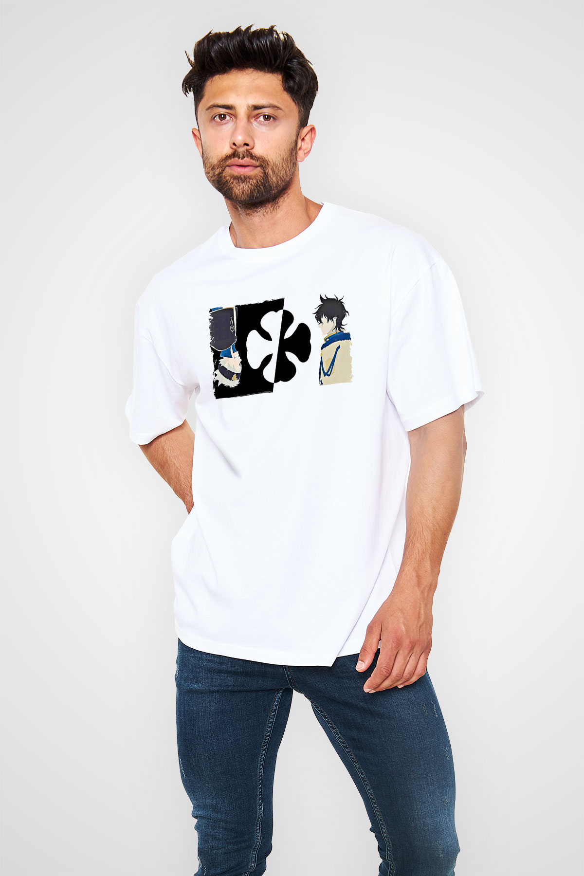 Black Clover Baskılı Beyaz Unisex Oversize Tişört - Tshirt