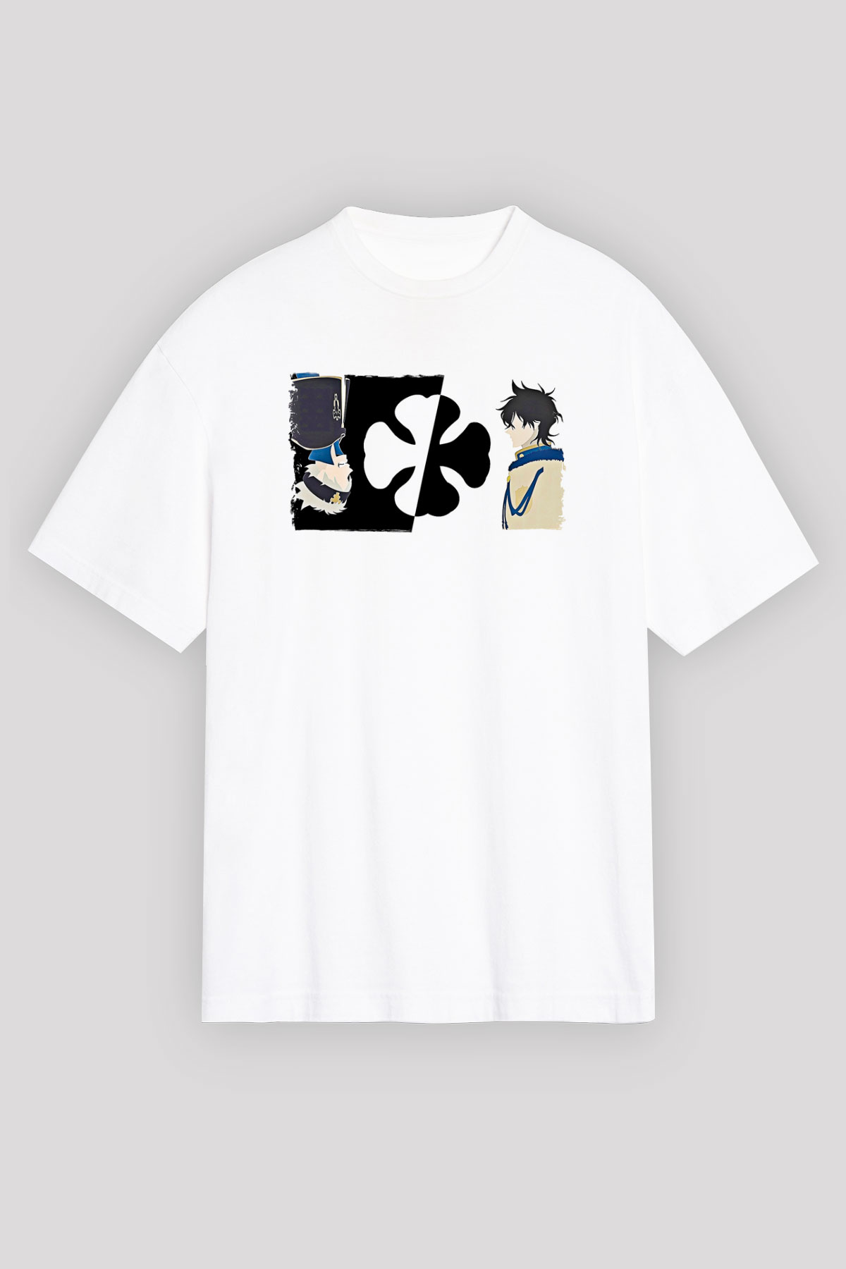 Black Clover Baskılı Beyaz Unisex Oversize Tişört - Tshirt