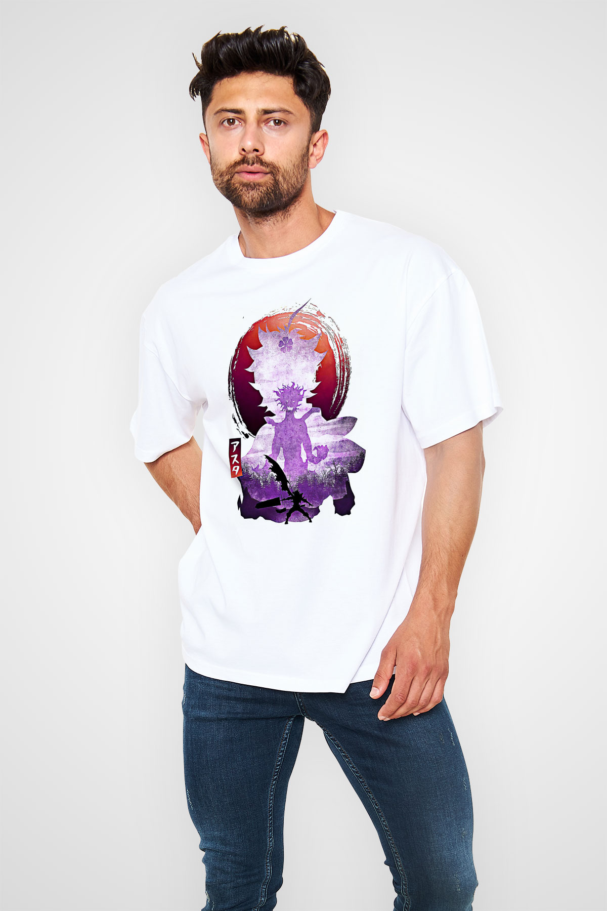 Black Clover Baskılı Beyaz Unisex Oversize Tişört - Tshirt