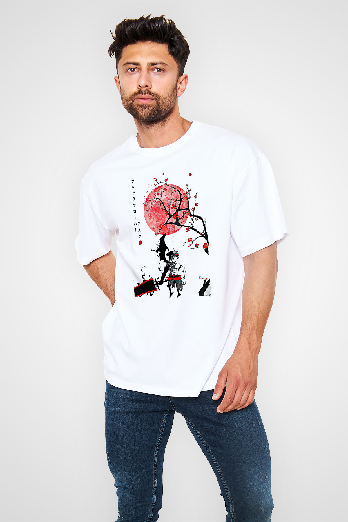 Black Clover Baskılı Beyaz Unisex Oversize Tişört - Tshirt