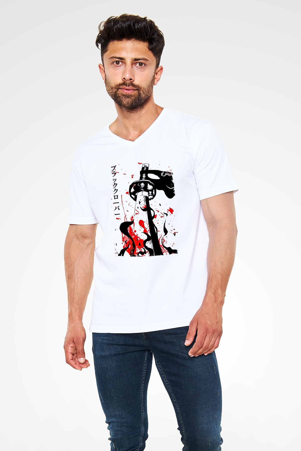 Black Clover Baskılı Beyaz Unisex V Yaka Tişört - Tshirt