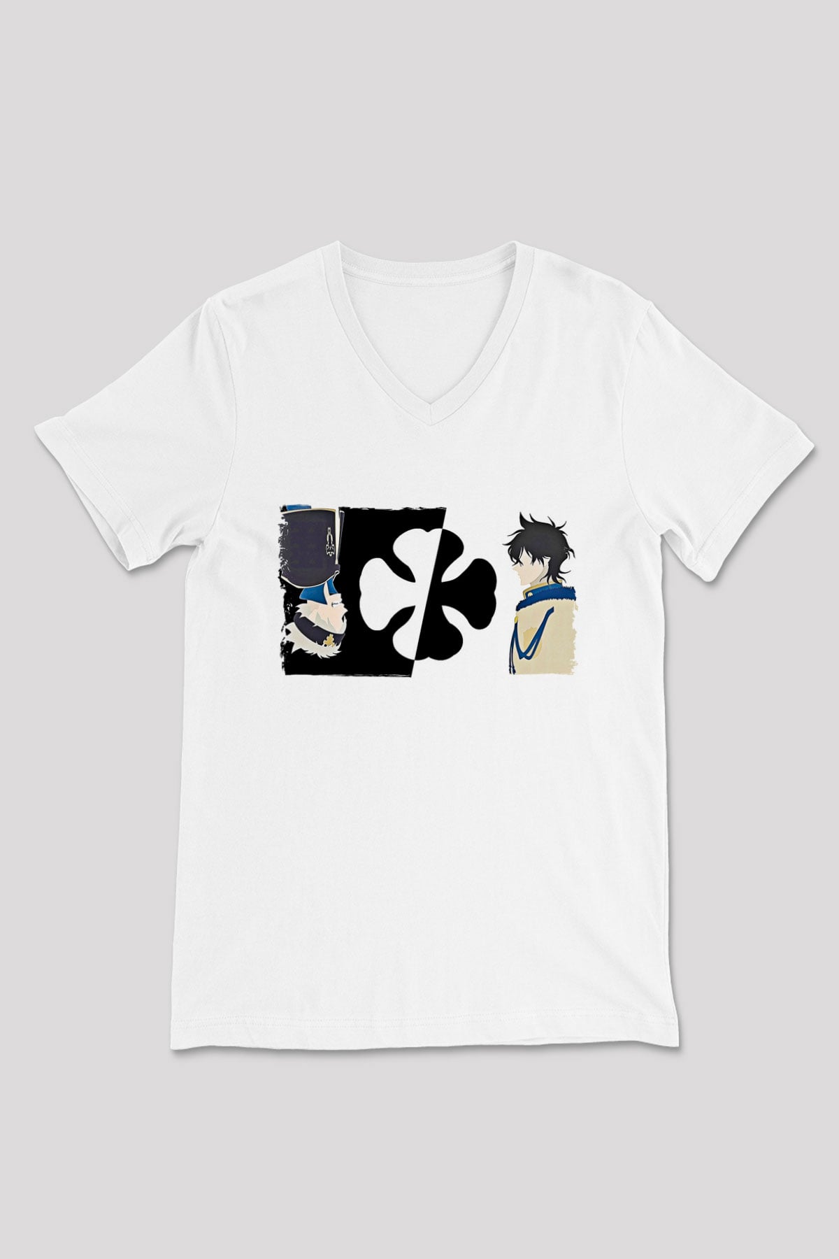 Black Clover Baskılı Beyaz Unisex V Yaka Tişört - Tshirt