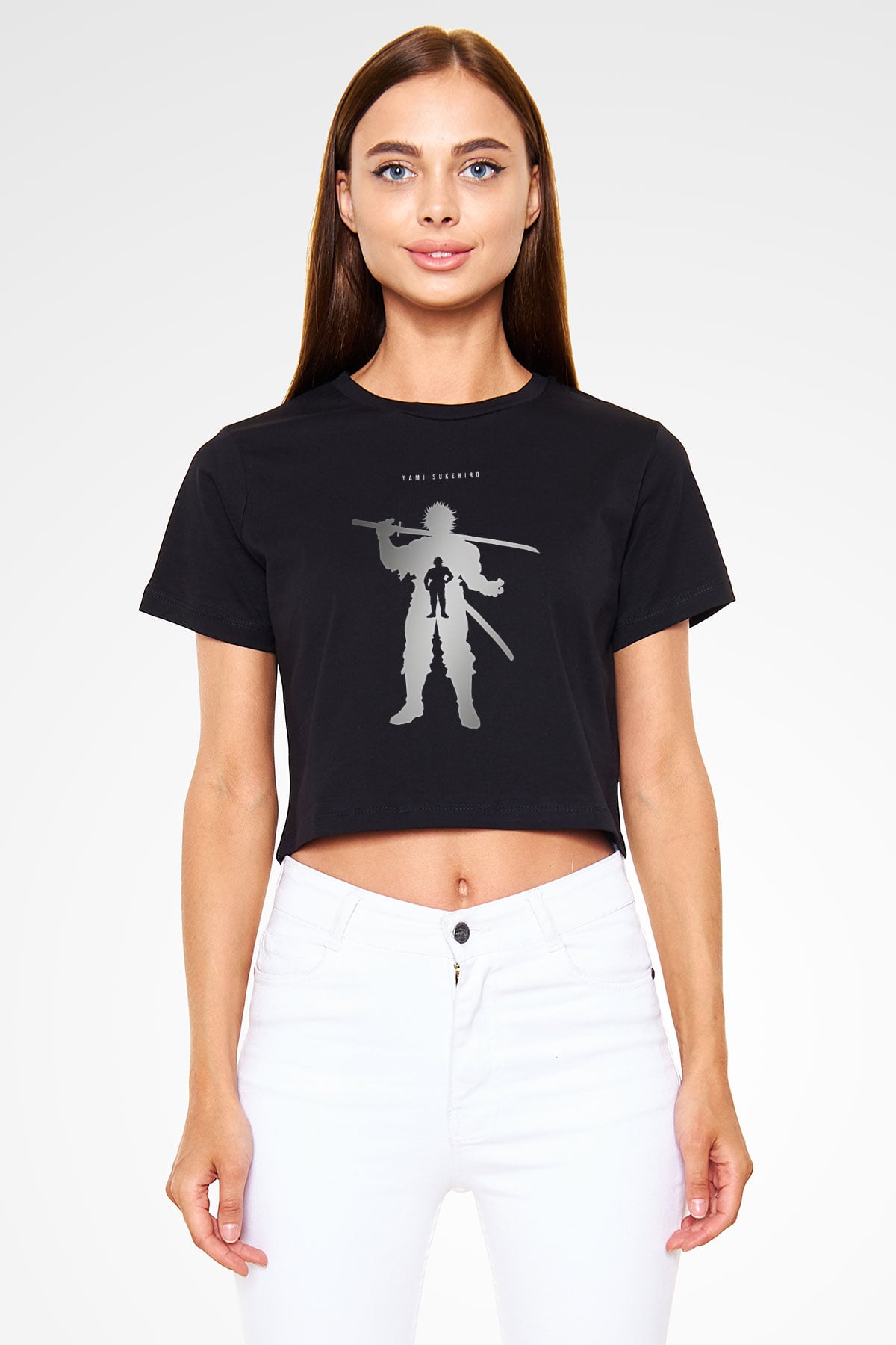 Black Clover Baskılı Siyah Crop Top Kadın Tişört - Tshirt