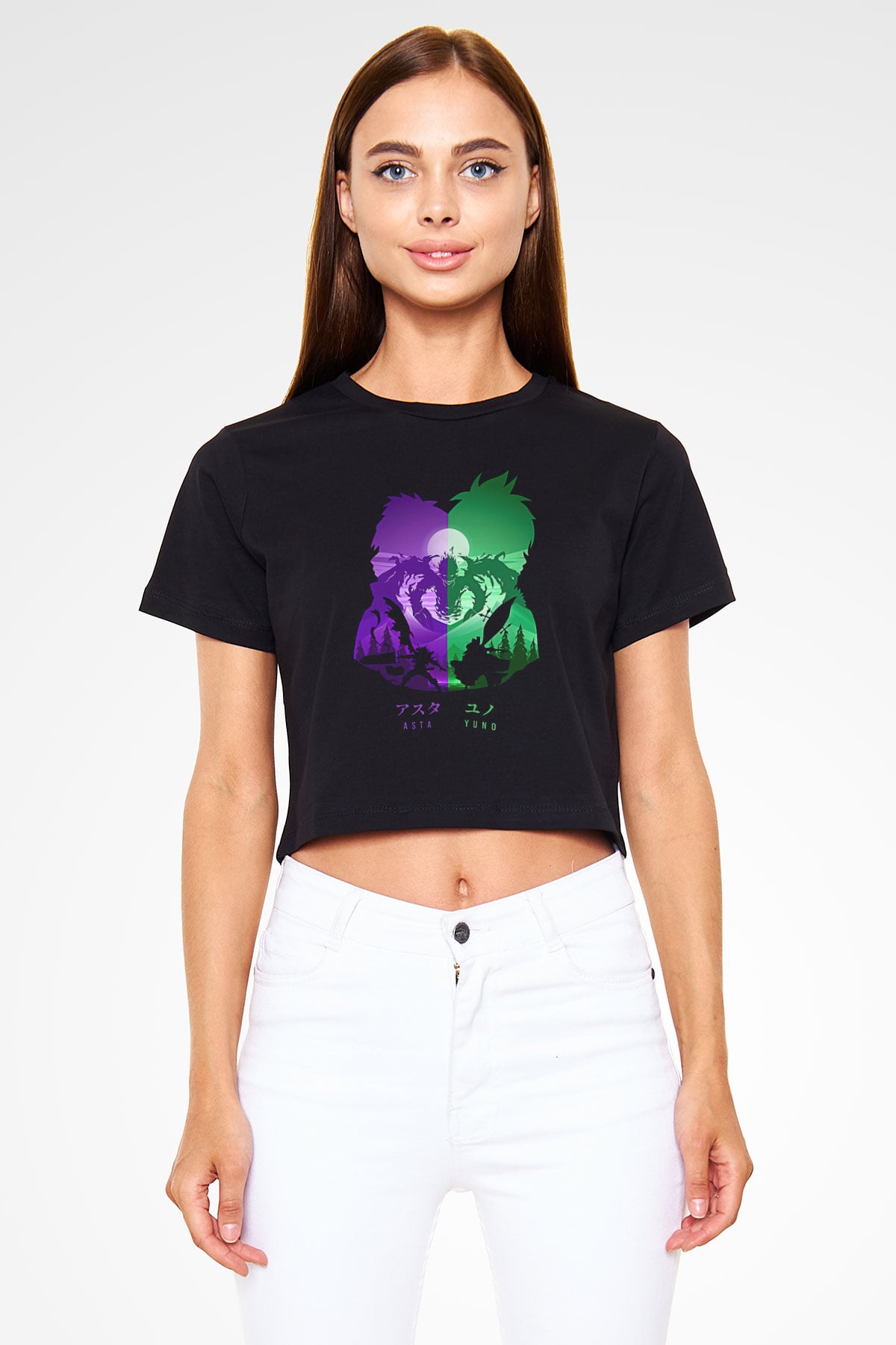 Black Clover Baskılı Siyah Crop Top Kadın Tişört - Tshirt