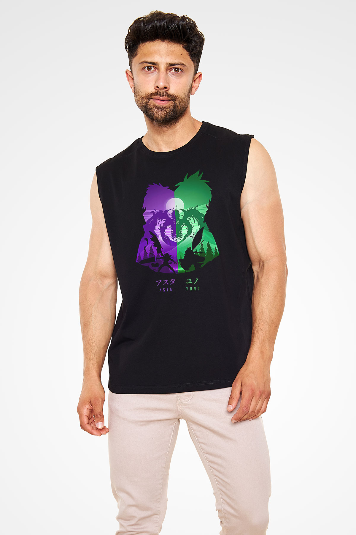 Black Clover Baskılı Unisex Siyah Kolsuz Tişört - Tshirt