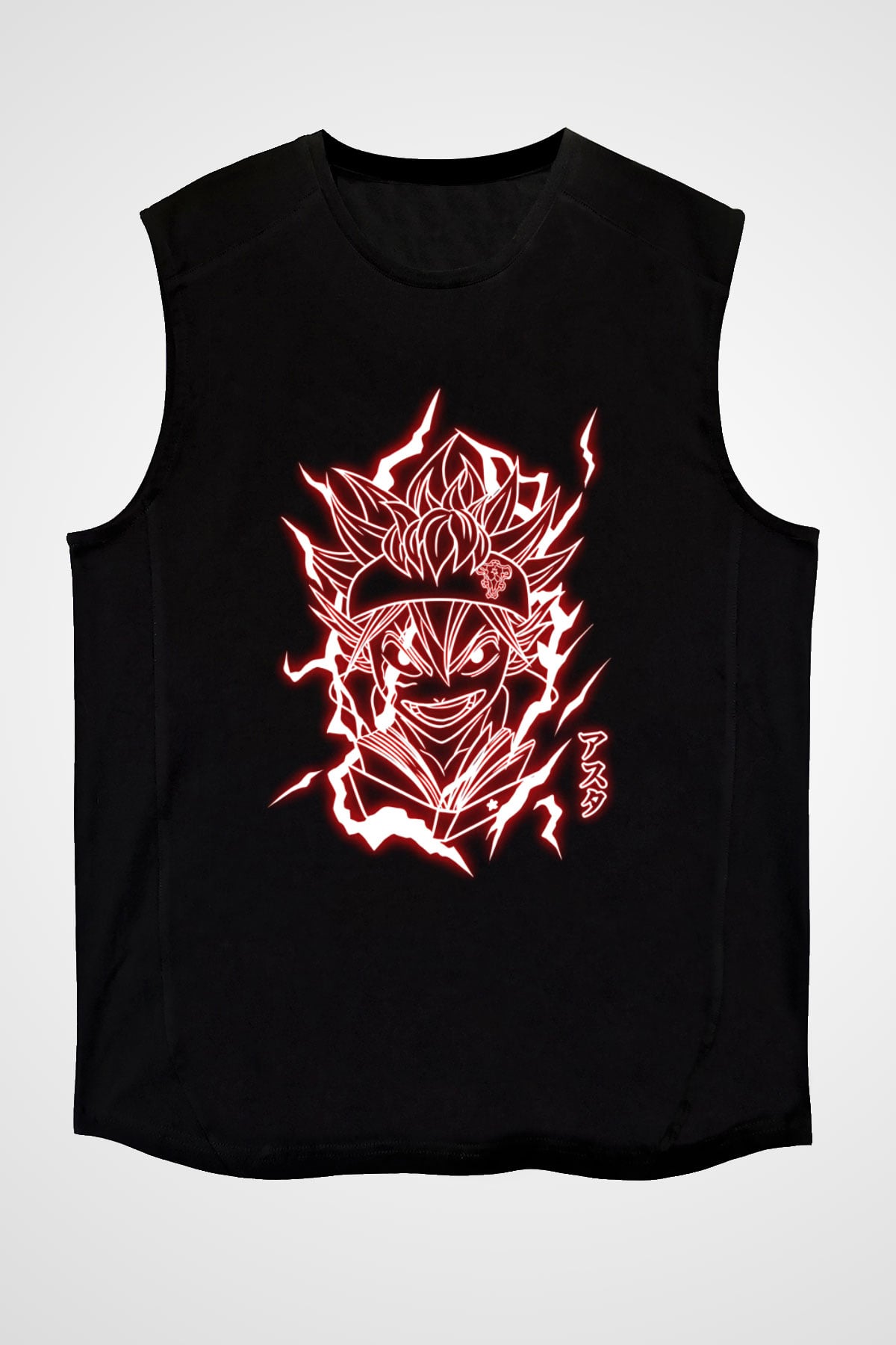 Black Clover Baskılı Unisex Siyah Kolsuz Tişört - Tshirt